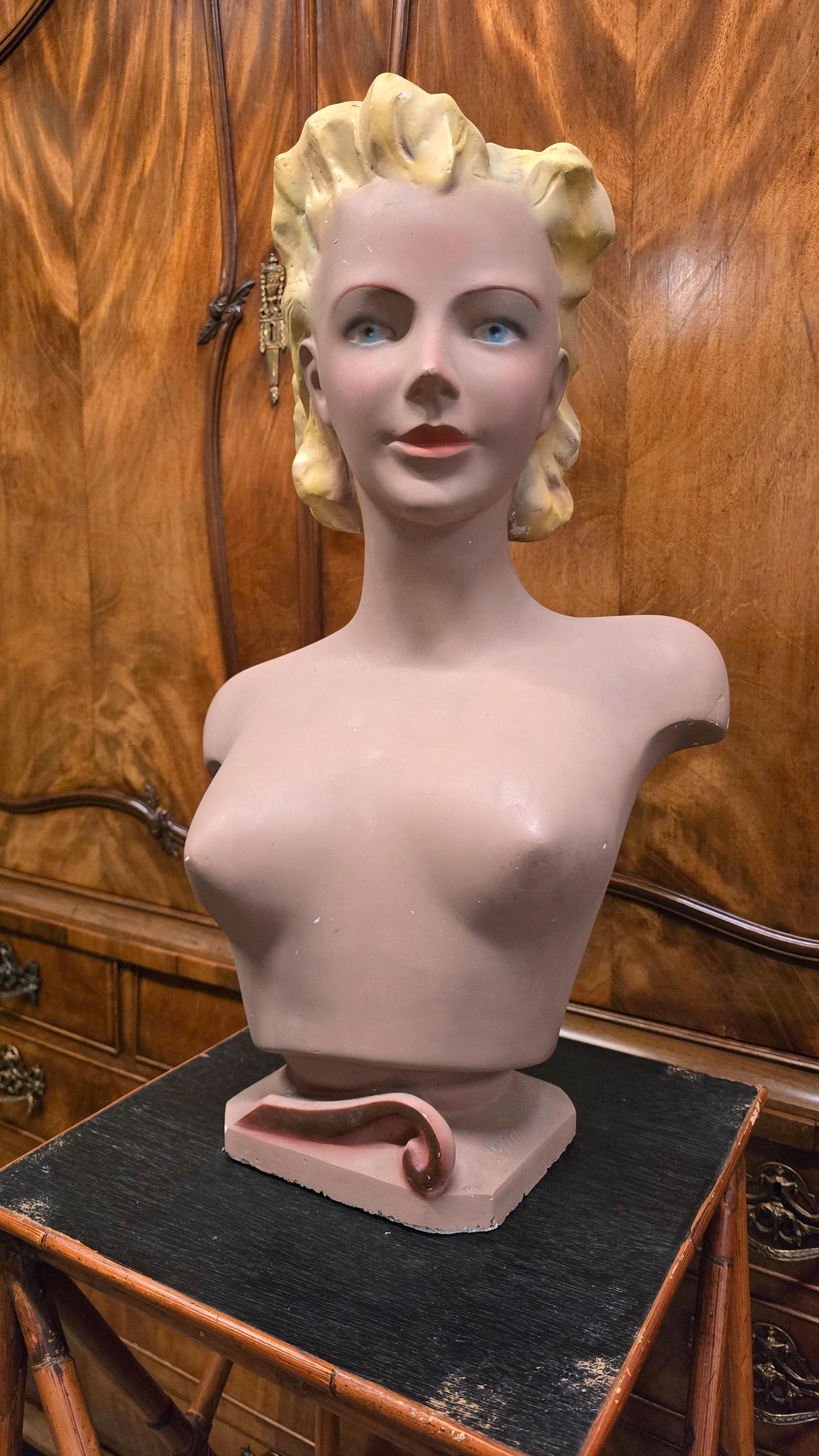 Mid-Century Modern Large 1950s Novita Plaster Bust – Art Deco / Hollywood Regency Mannequin Display For Sale