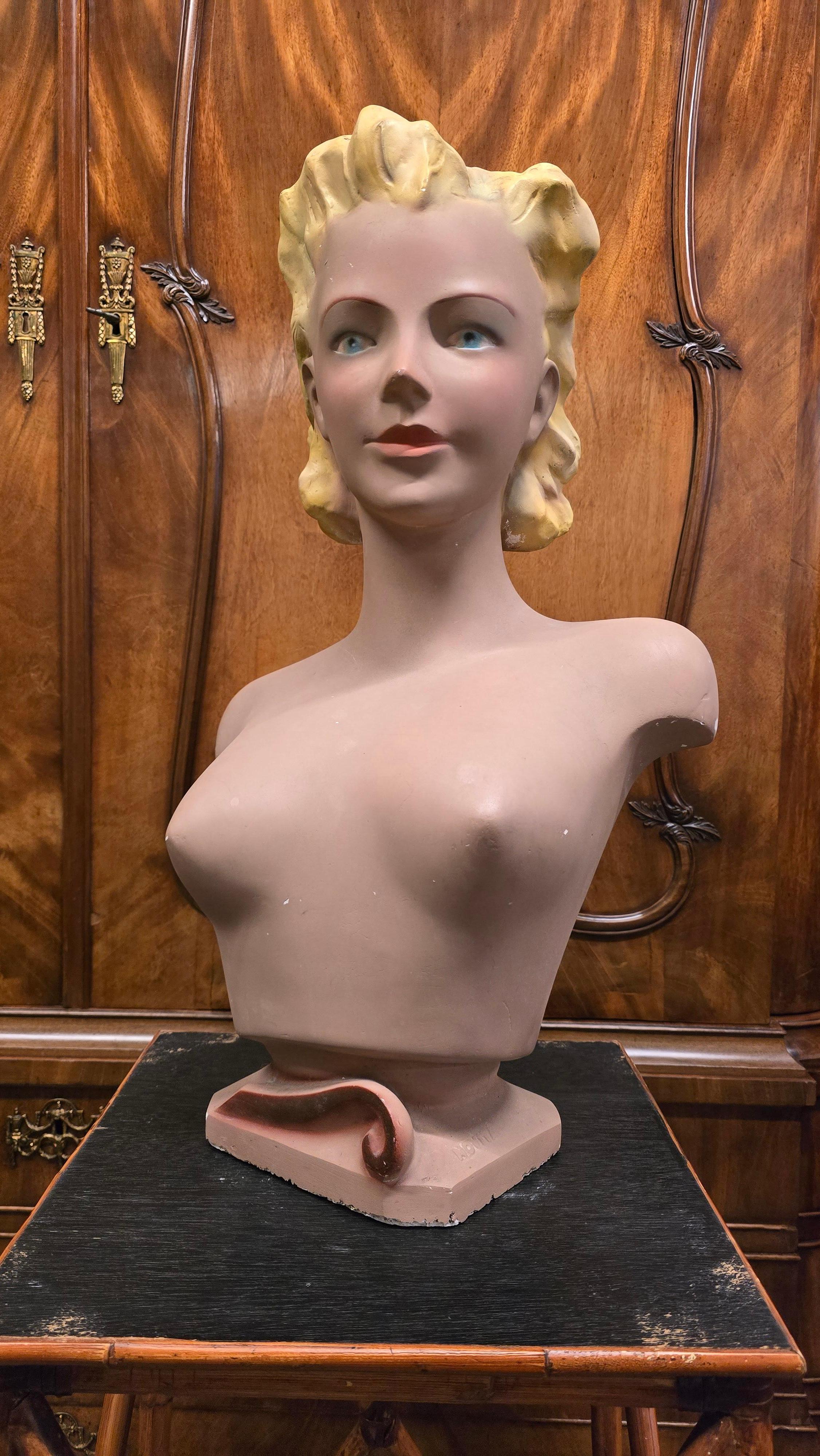 French Large 1950s Novita Plaster Bust – Art Deco / Hollywood Regency Mannequin Display For Sale