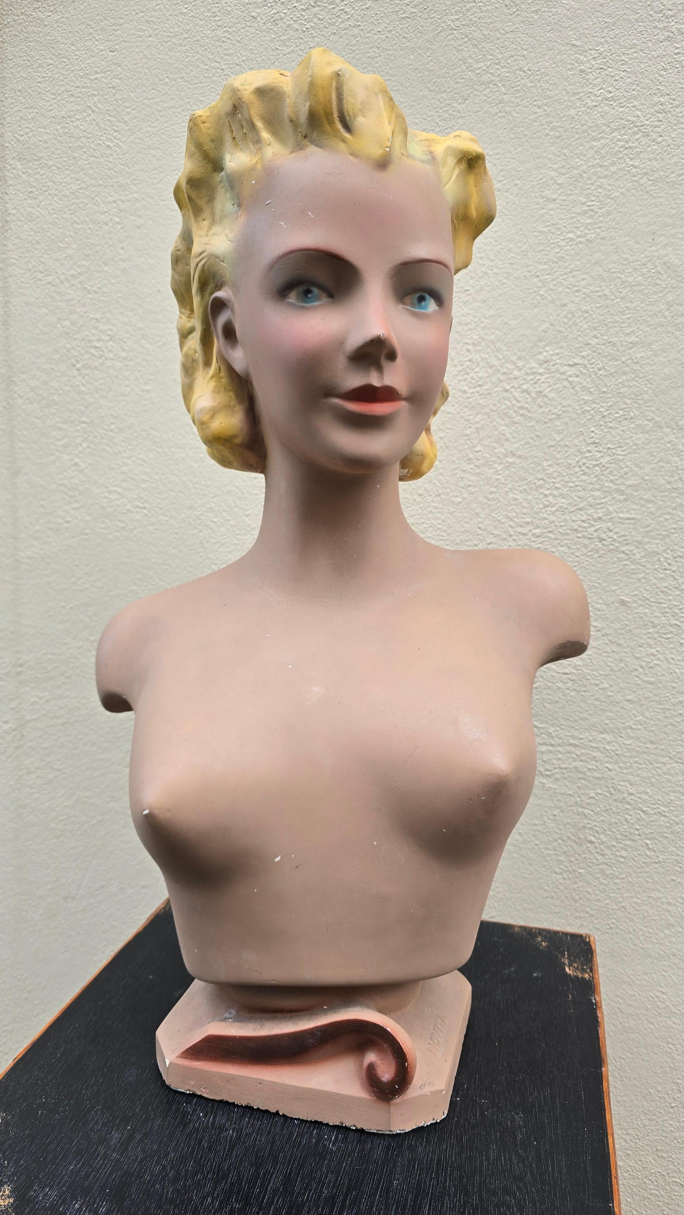 20th Century Large 1950s Novita Plaster Bust – Art Deco / Hollywood Regency Mannequin Display For Sale