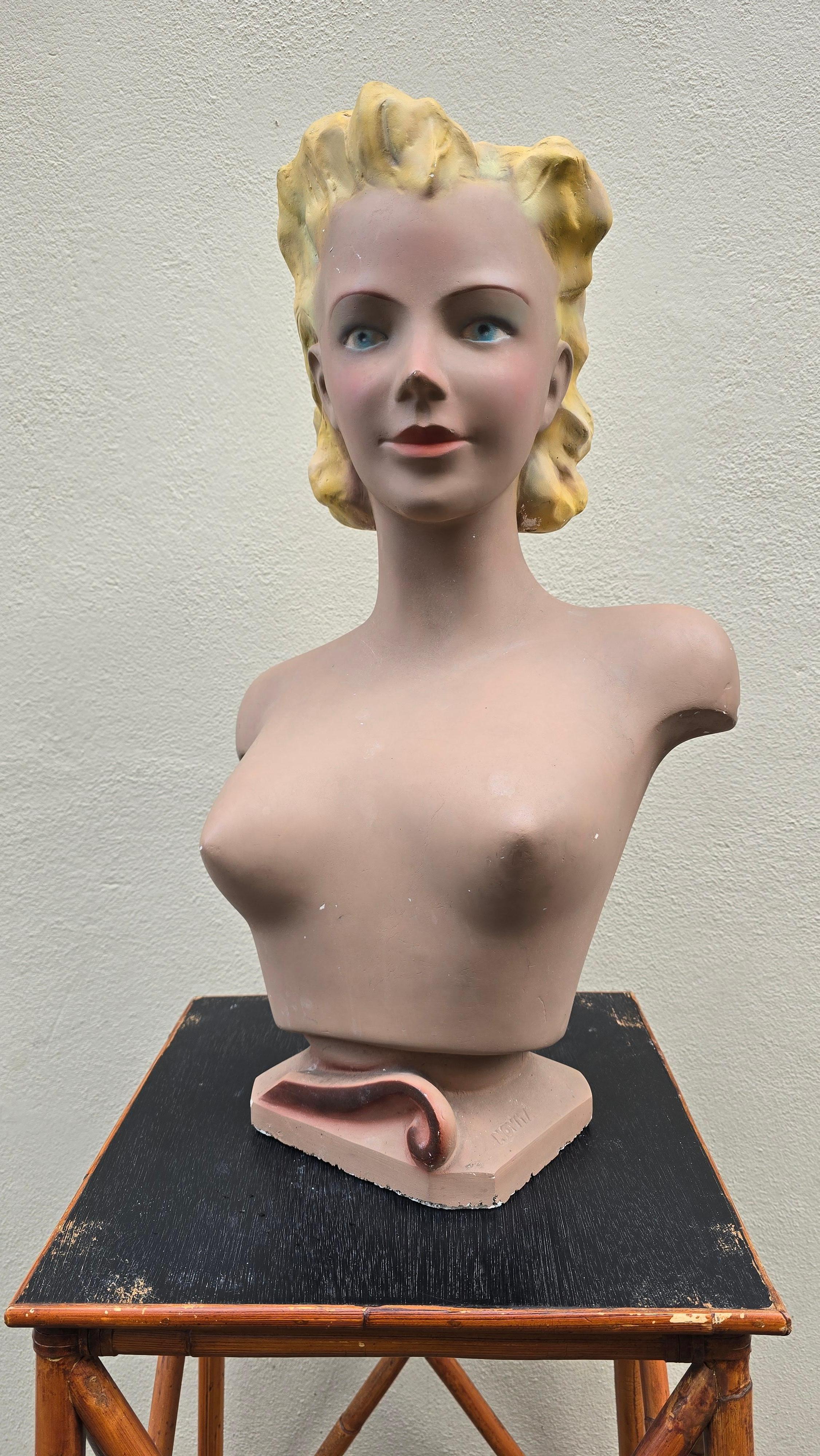 Large 1950s Novita Plaster Bust – Art Deco / Hollywood Regency Mannequin Display For Sale 1