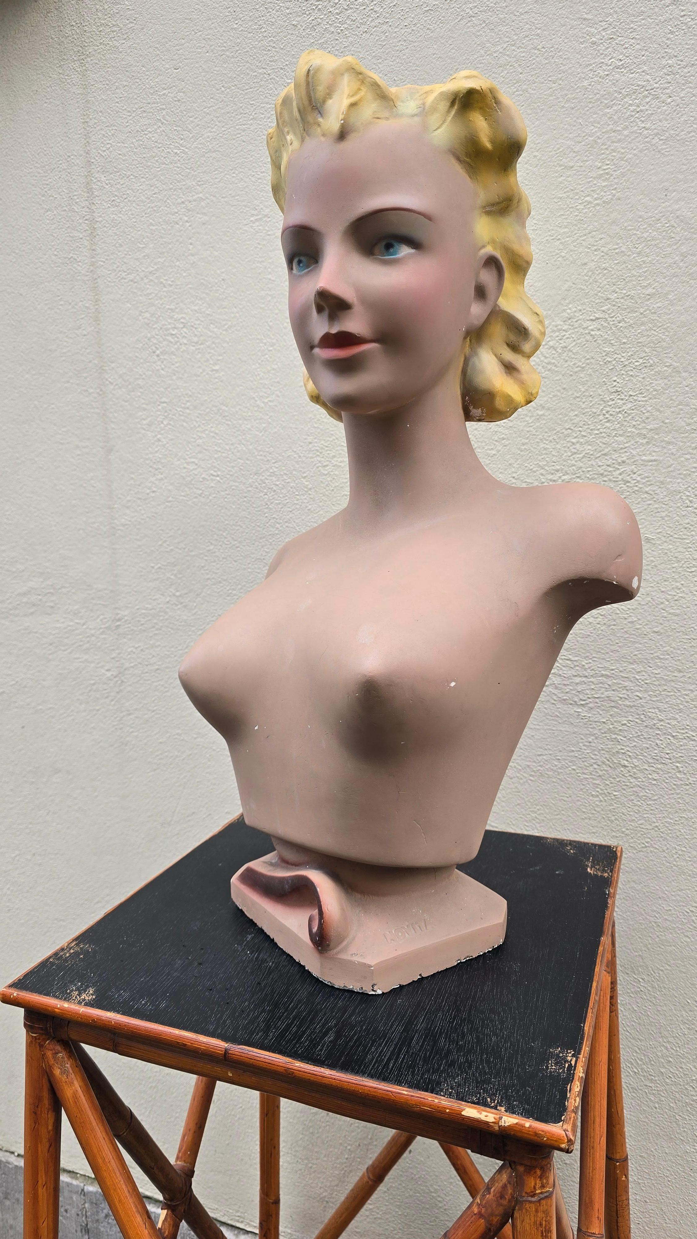 Large 1950s Novita Plaster Bust – Art Deco / Hollywood Regency Mannequin Display For Sale 3