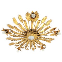 Large 1950s Spanish Brutalist Six-Light Gilt Iron Floral Sunburst Light Fixture