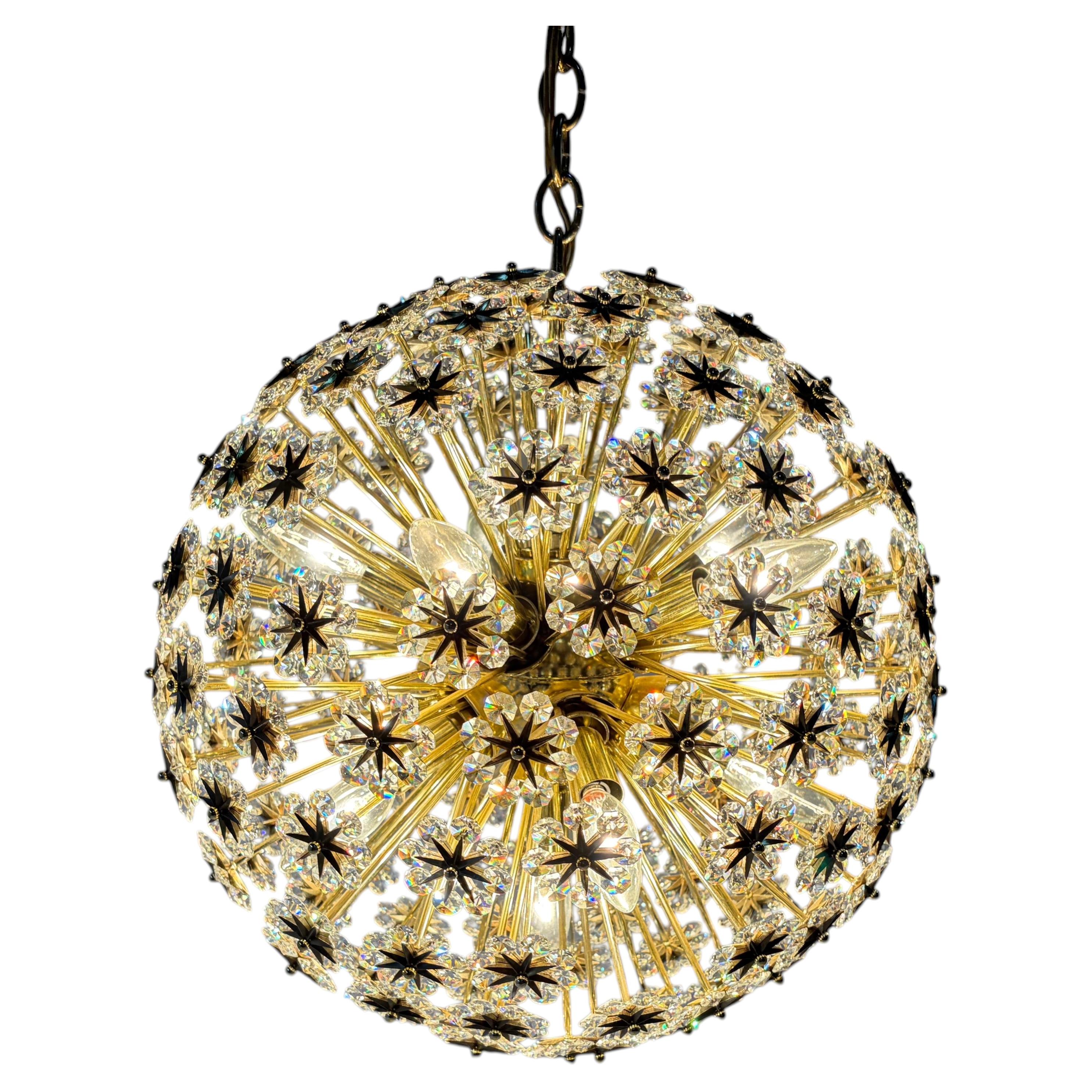Large 1950s Sputnik Dandelion Chandelier, Brass & Crystal, 11 Bulbs