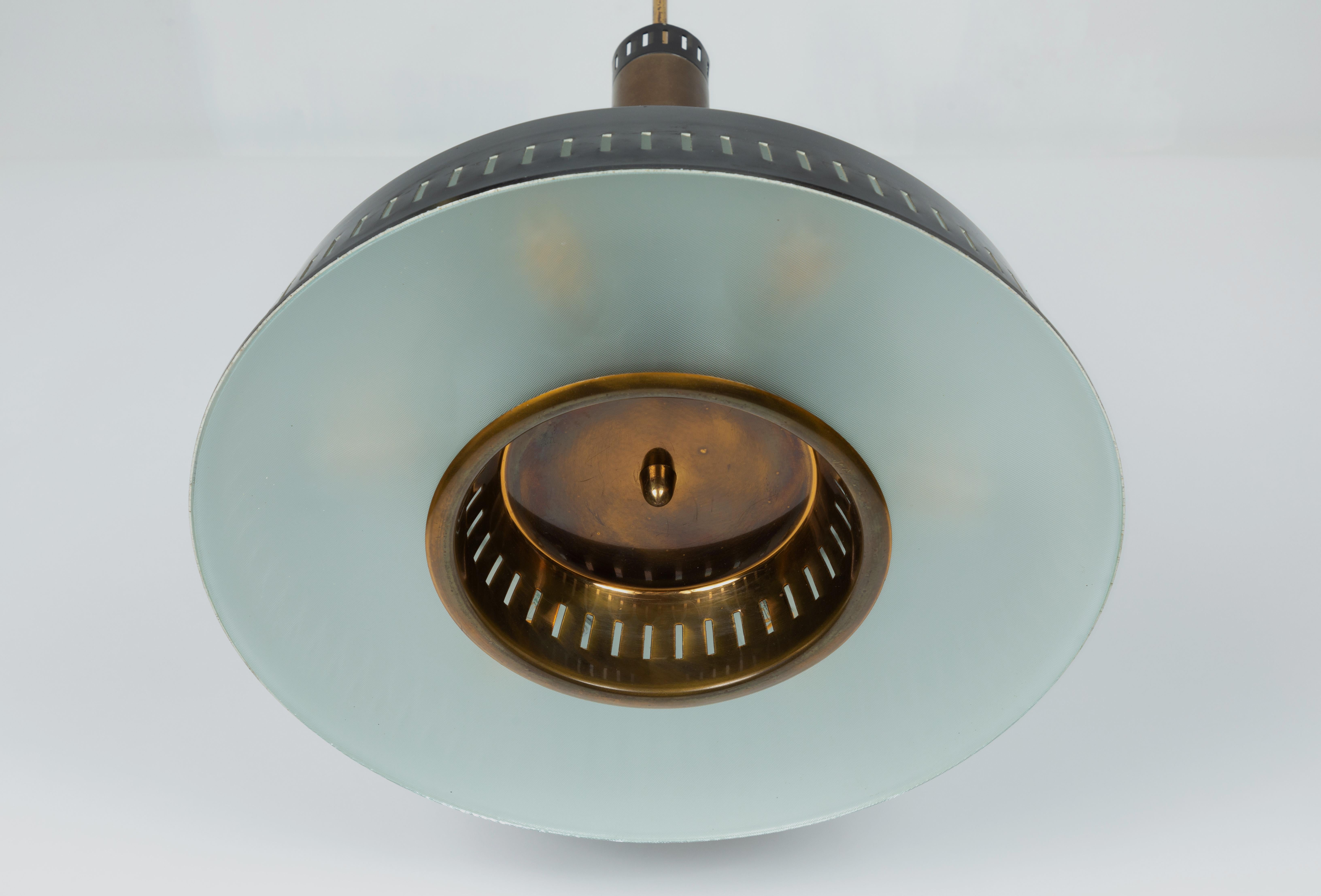 Large 1950s Stilnovo Model #1157 Brass and Glass Suspension Light 2