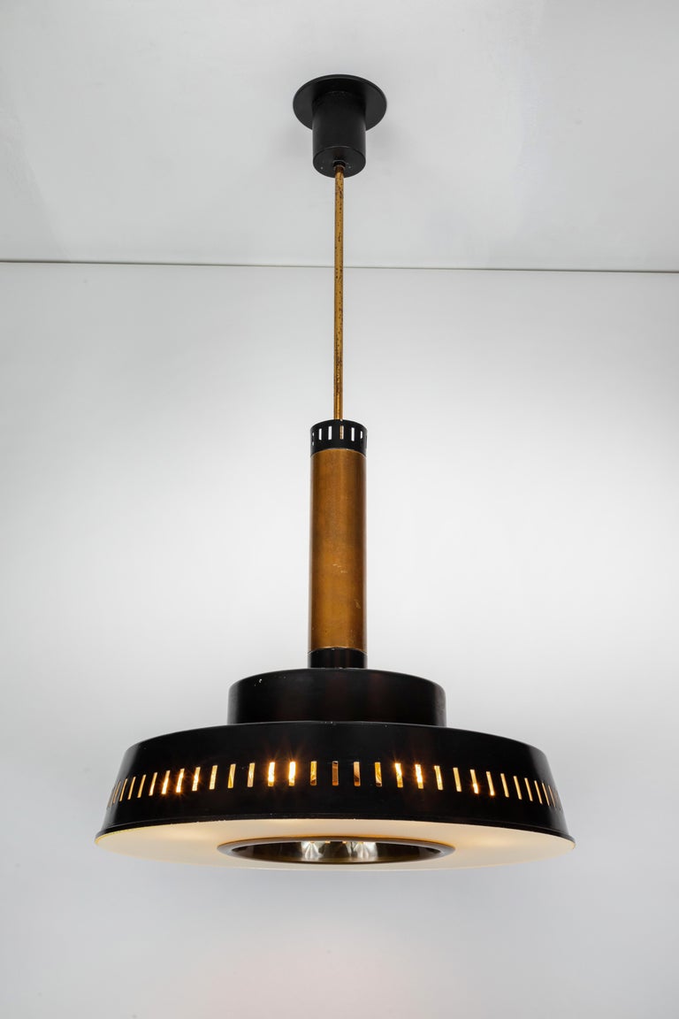 Metal Large 1950s Stilnovo Model #1157 Brass and Glass Suspension Light