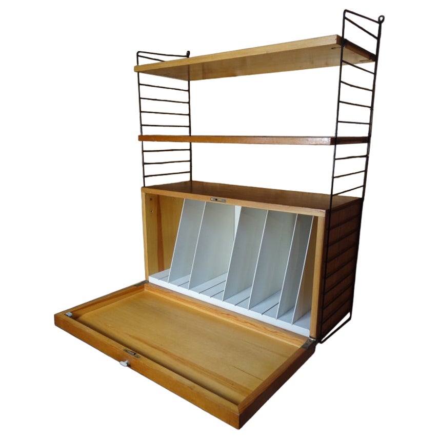 Large 1950's String metal framed wall System with record cabinet and two shelves
