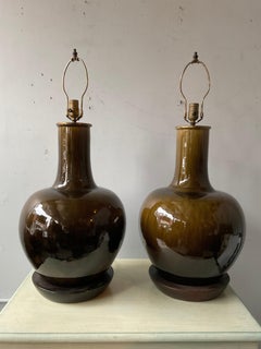 Large 1950s Thai Earthy Green Glazed Ginger Jar Ceramic Lamps