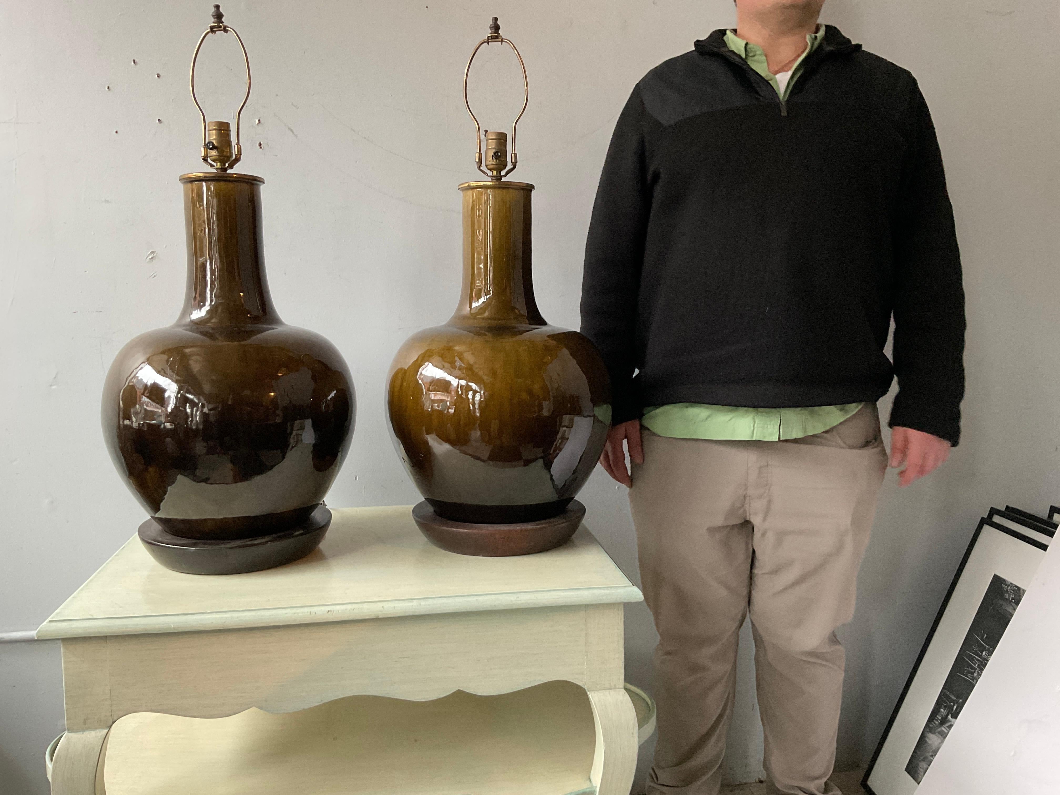 Large 1950s Thai  Earthy Green Glazed Ginger Jar Ceramic Lamps In Good Condition In Tarrytown, NY