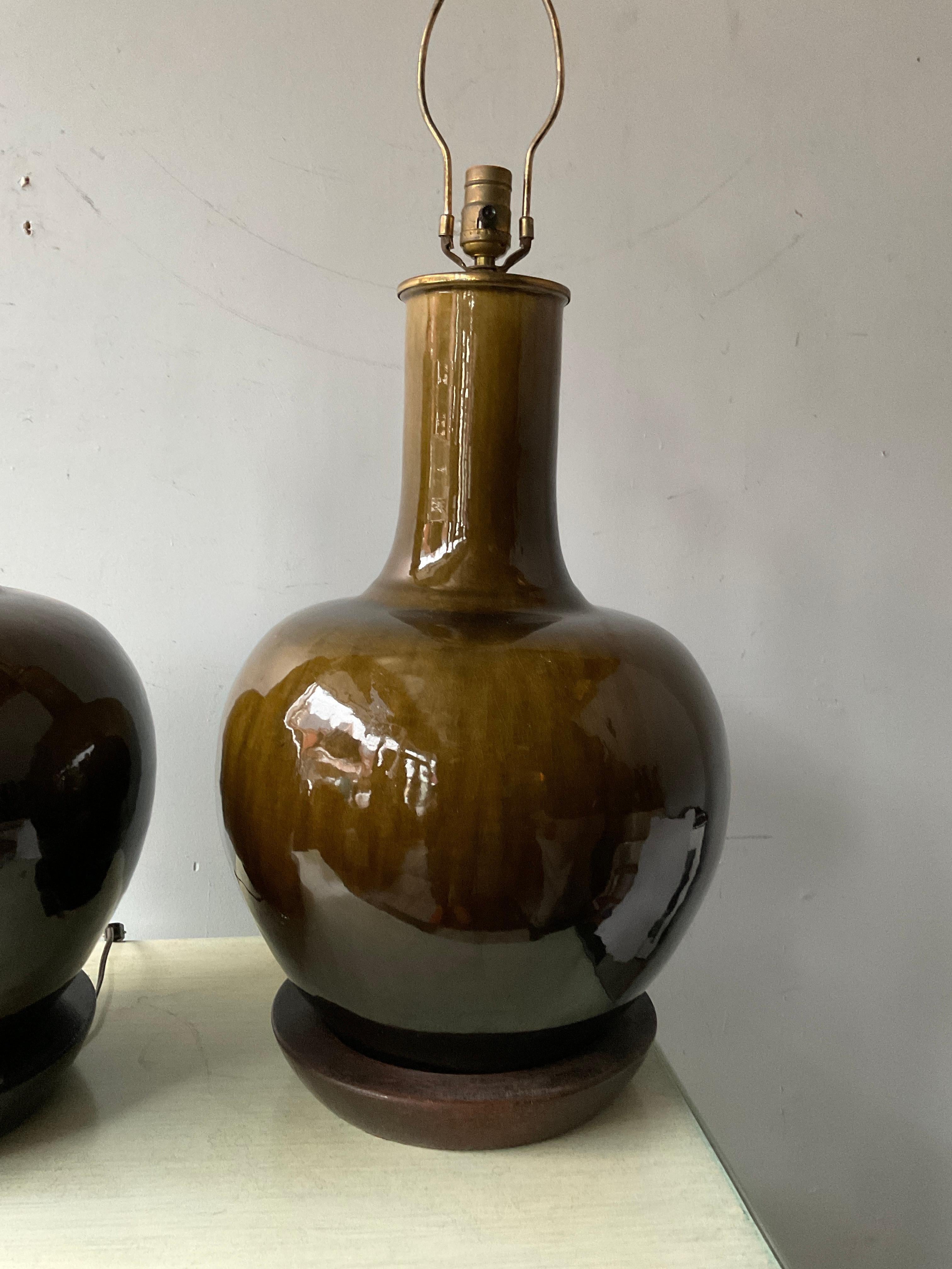 Large 1950s Thai  Earthy Green Glazed Ginger Jar Ceramic Lamps 1