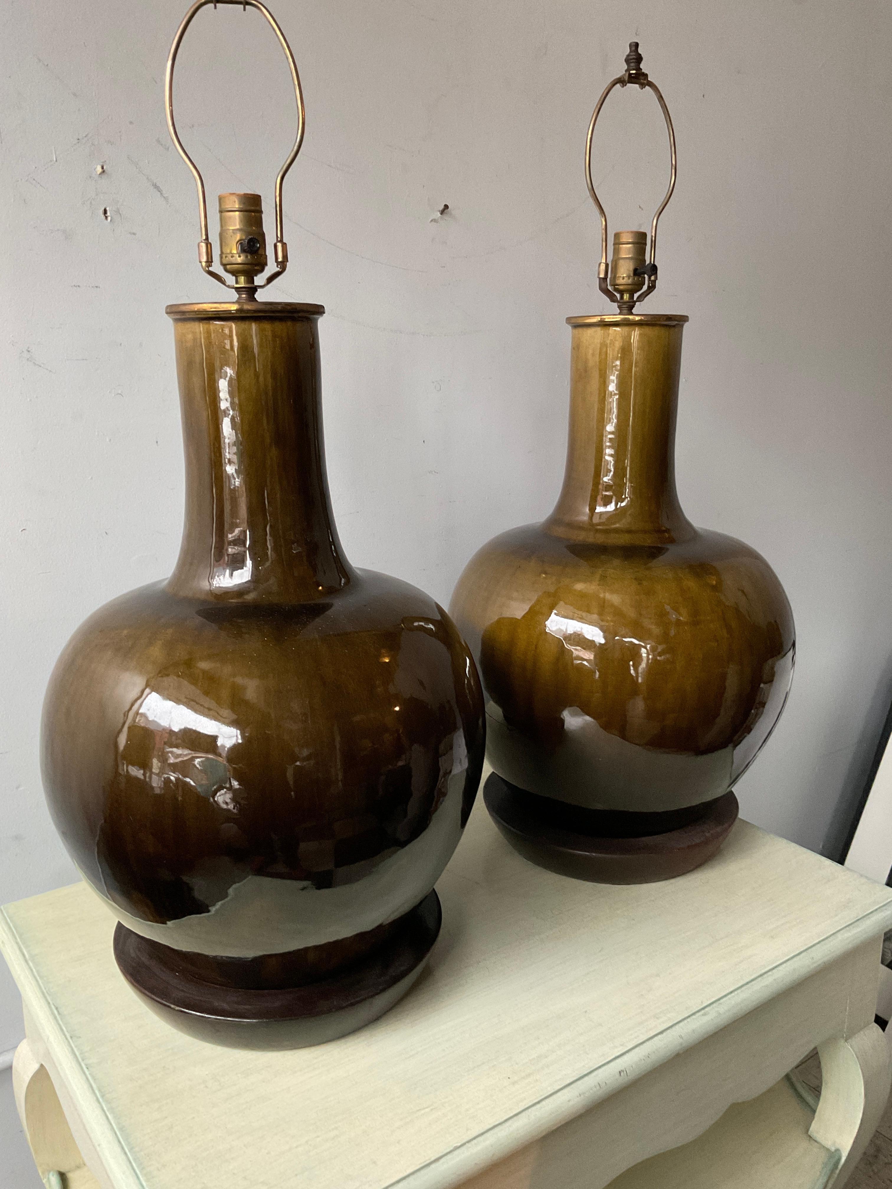 Large 1950s Thai  Earthy Green Glazed Ginger Jar Ceramic Lamps 2