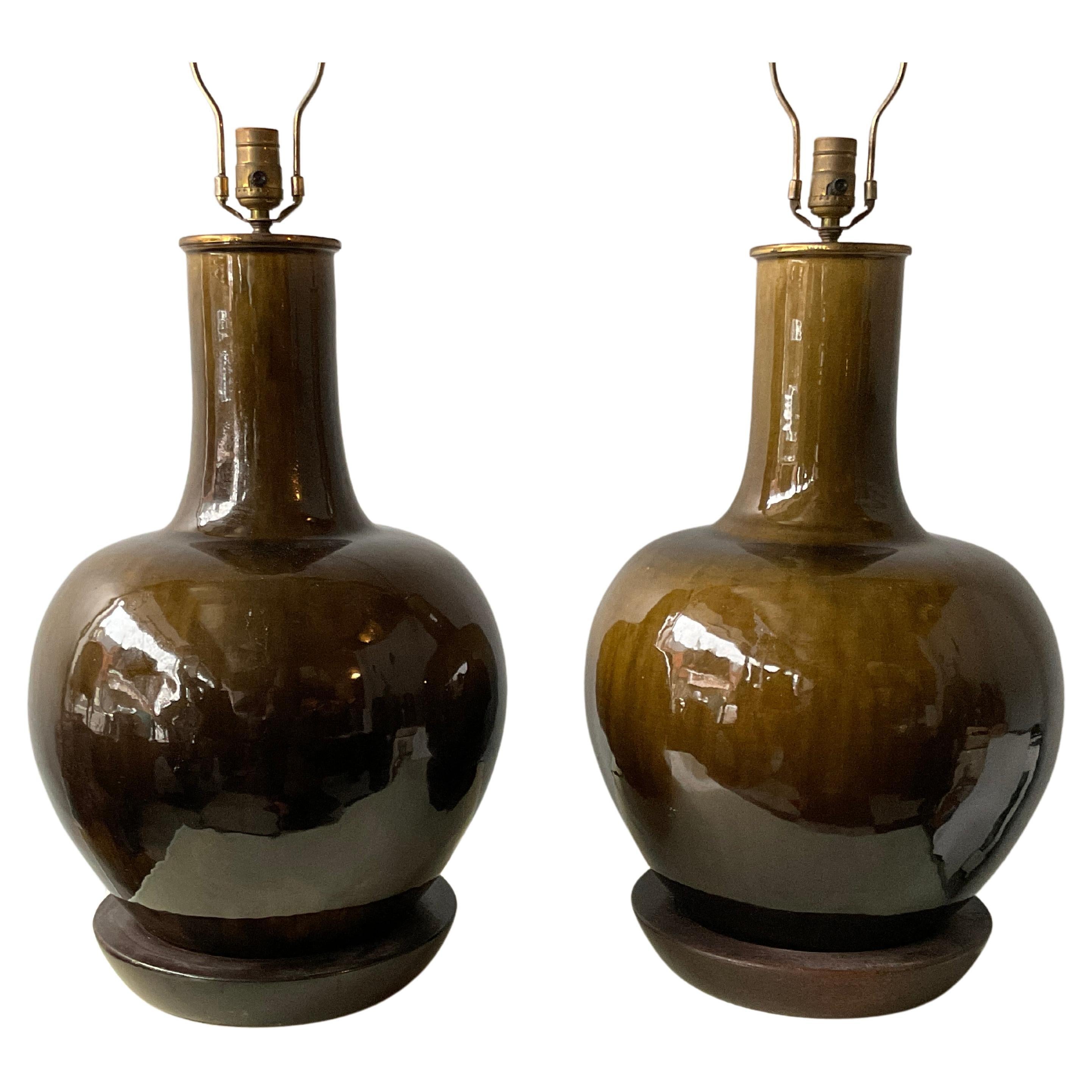 Large 1950s Thai  Earthy Green Glazed Ginger Jar Ceramic Lamps For Sale
