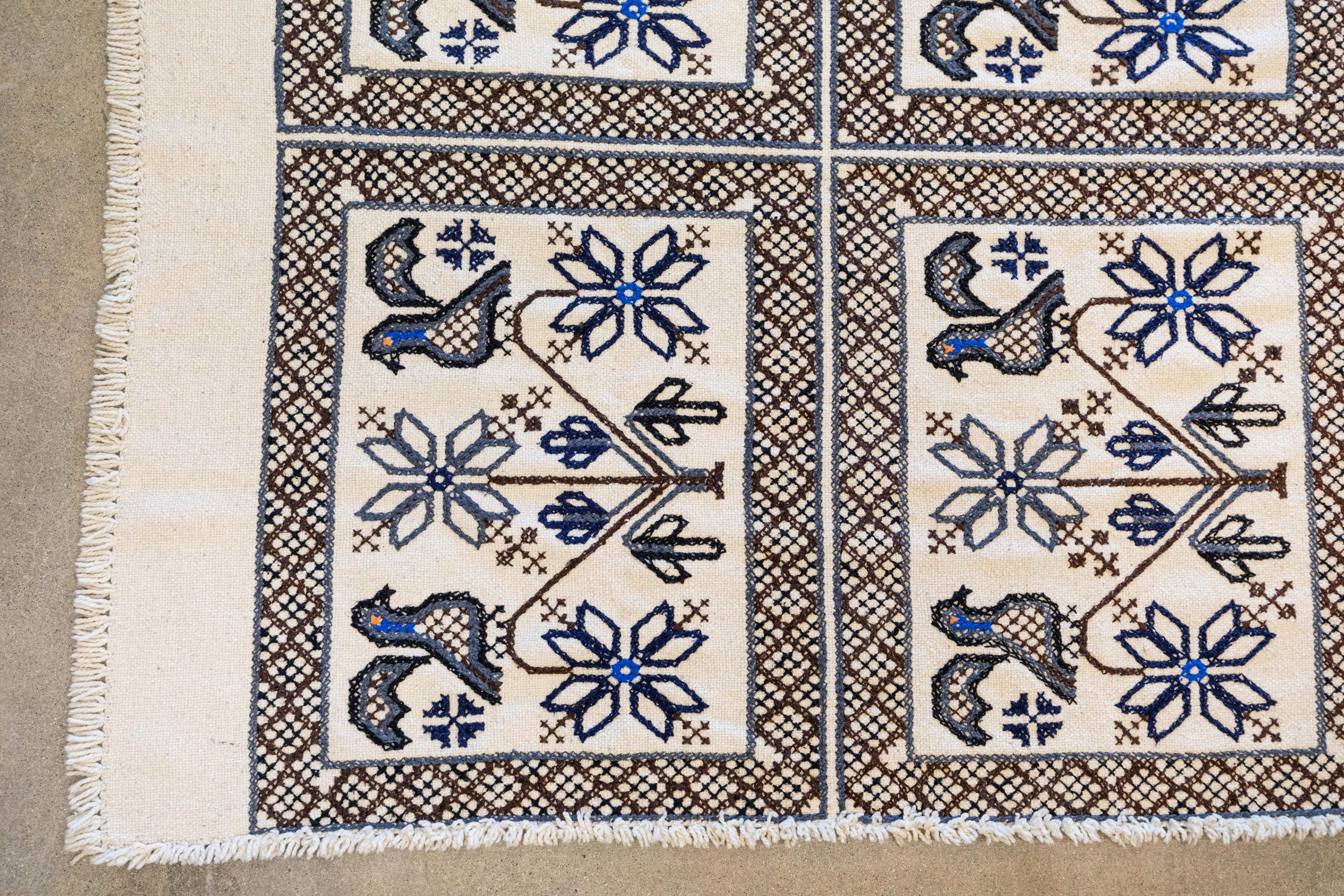 Folk Art Large 1950s Vintage Mexican Textile with Geometric Cross Stitch Design and Birds