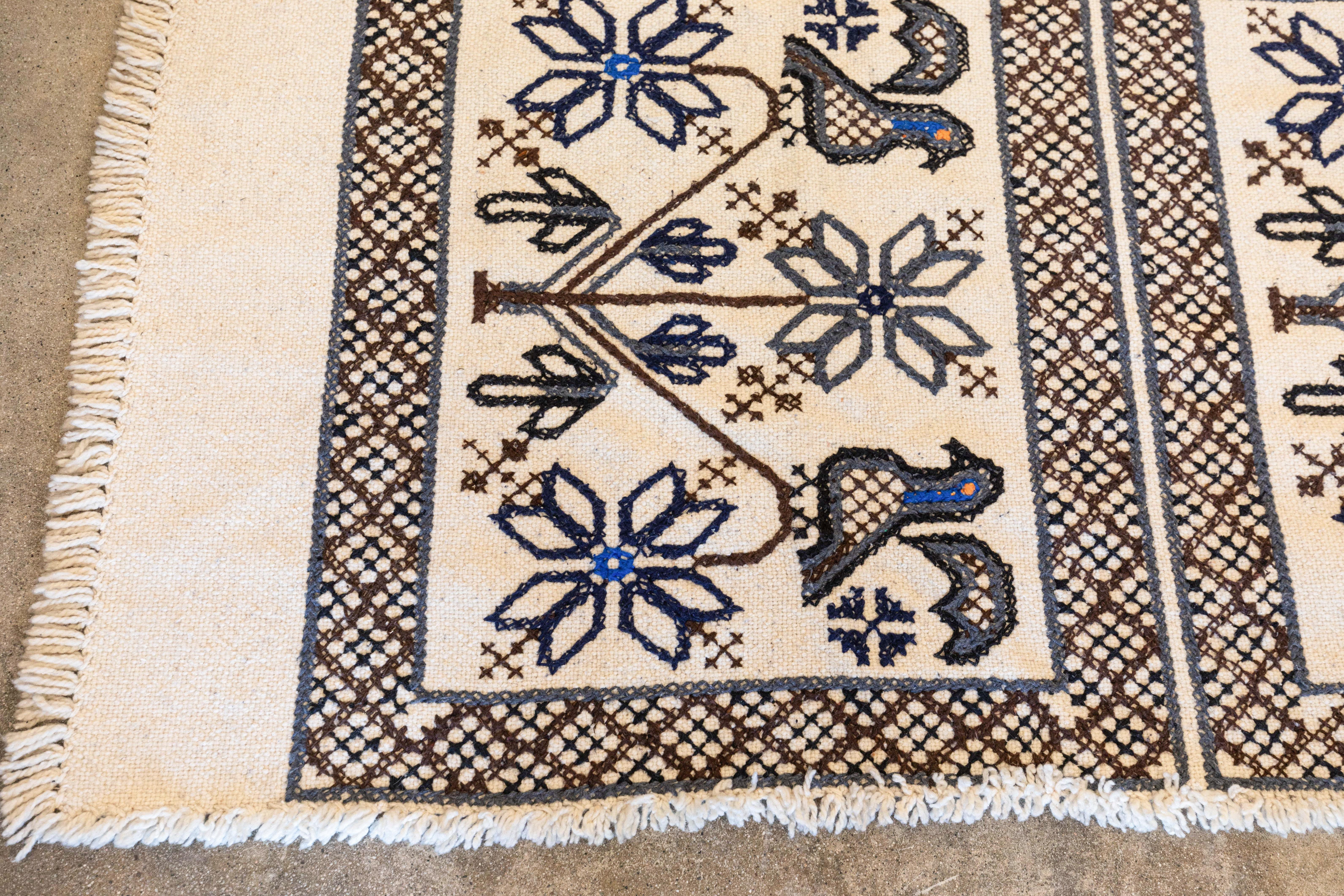 Wool Large 1950s Vintage Mexican Textile with Geometric Cross Stitch Design and Birds