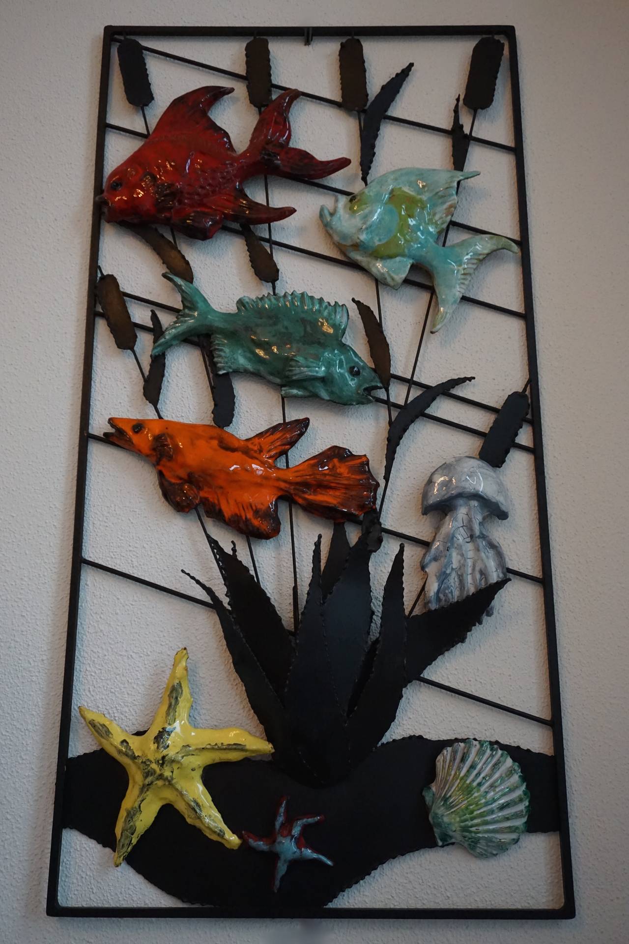 Hollywood Regency Large 1950s Wall Light Sculpture with Fish and Shells