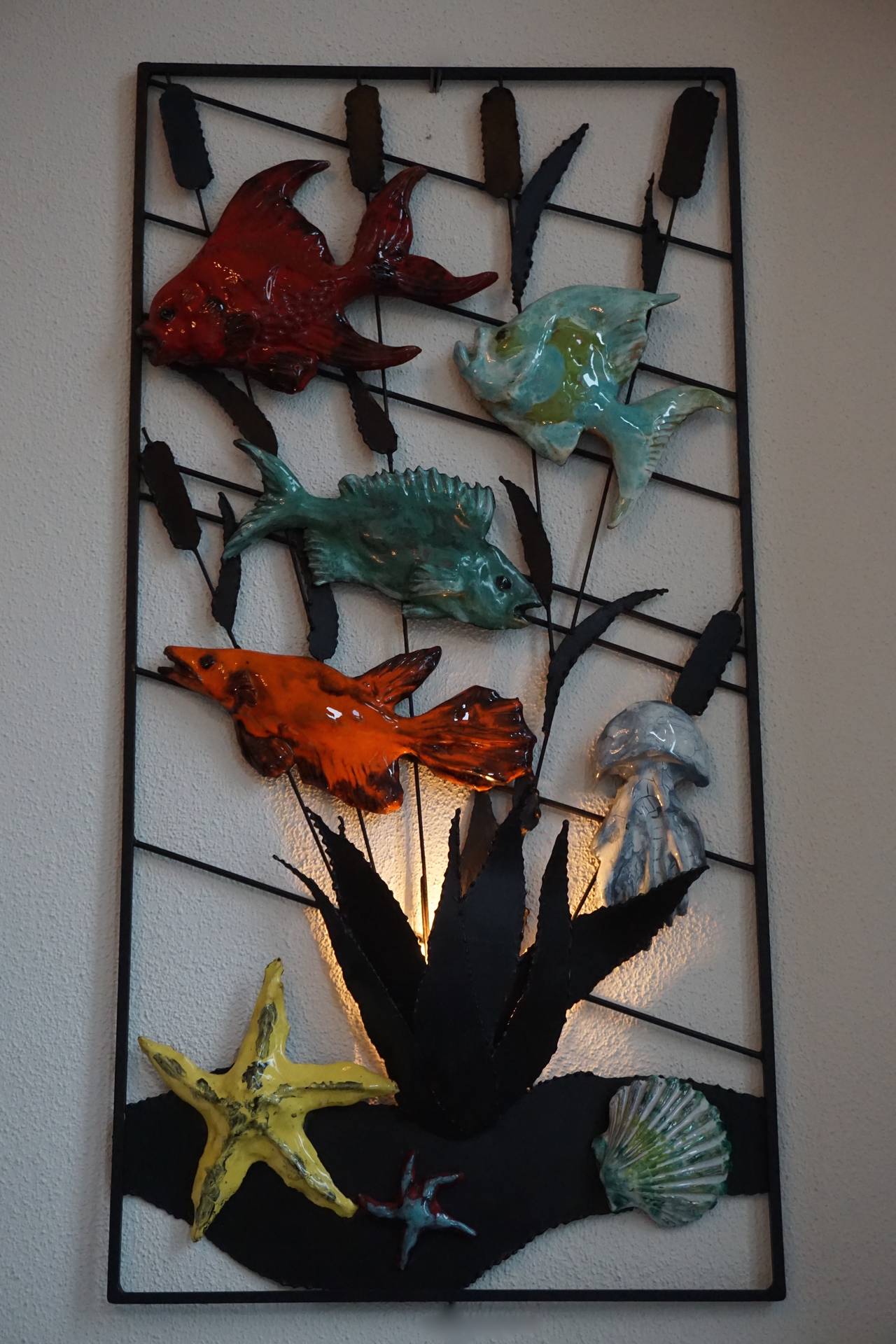 French Large 1950s Wall Light Sculpture with Fish and Shells