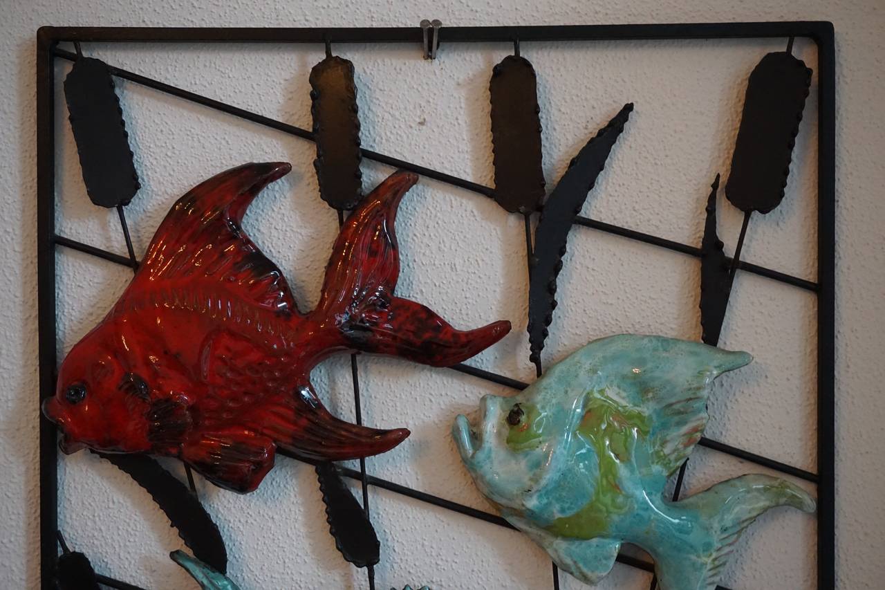 Metal Large 1950s Wall Light Sculpture with Fish and Shells