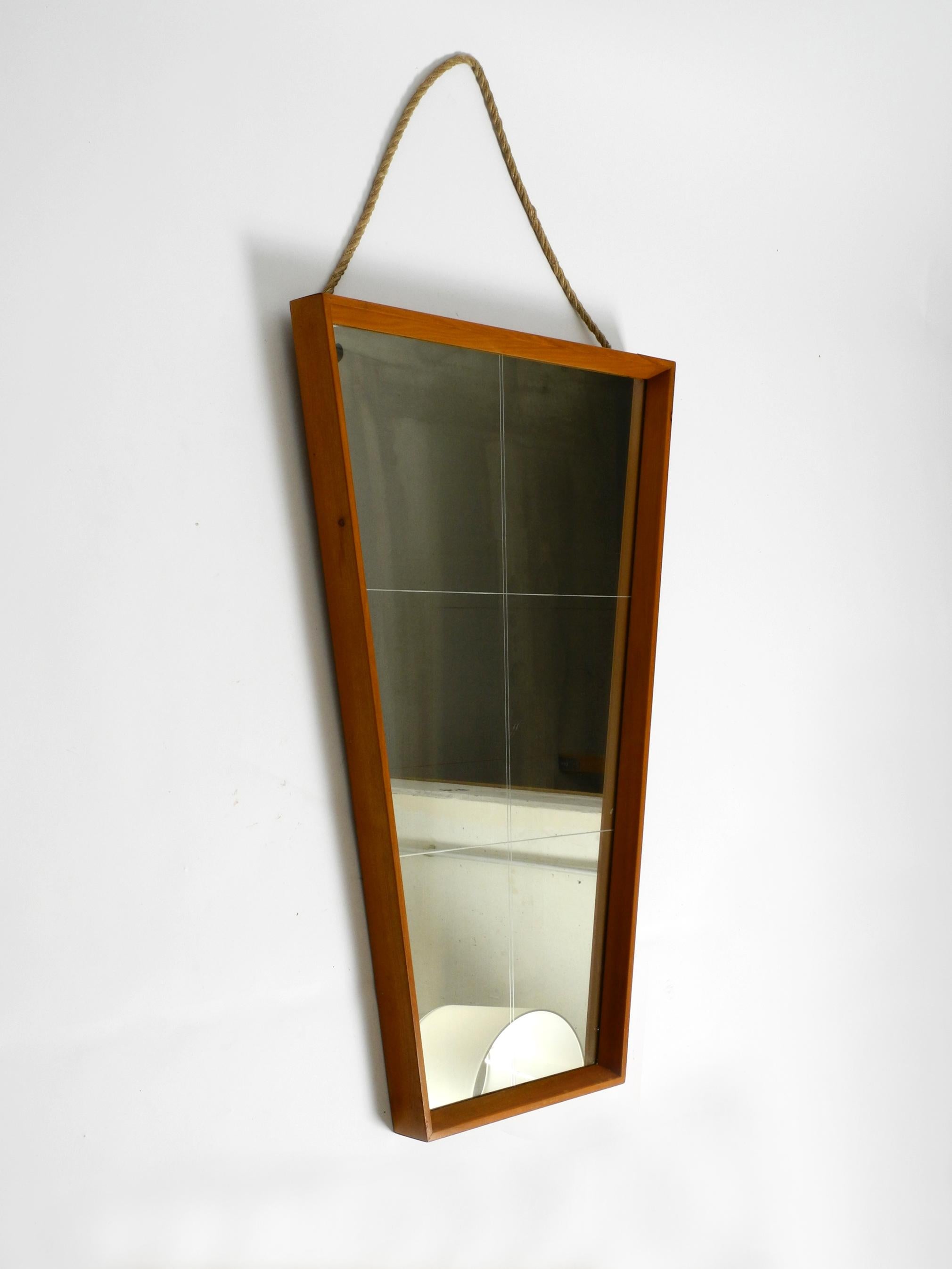 Large 1950s wall mirror in trapezoidal shape with a solid cherry wood frame In Good Condition For Sale In München, DE