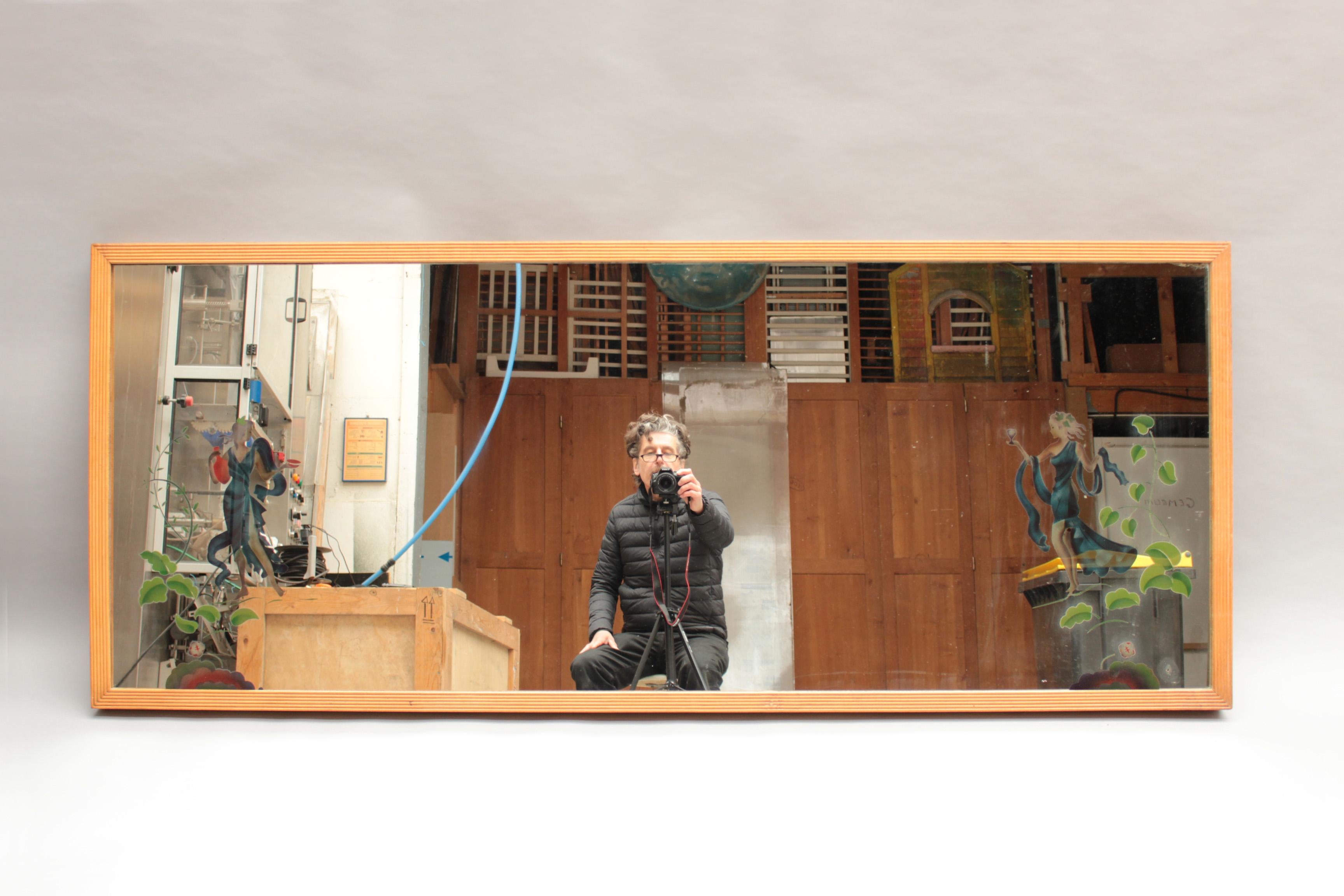 Large 1950th Illuminated Wood Framed Mirror For Sale 6