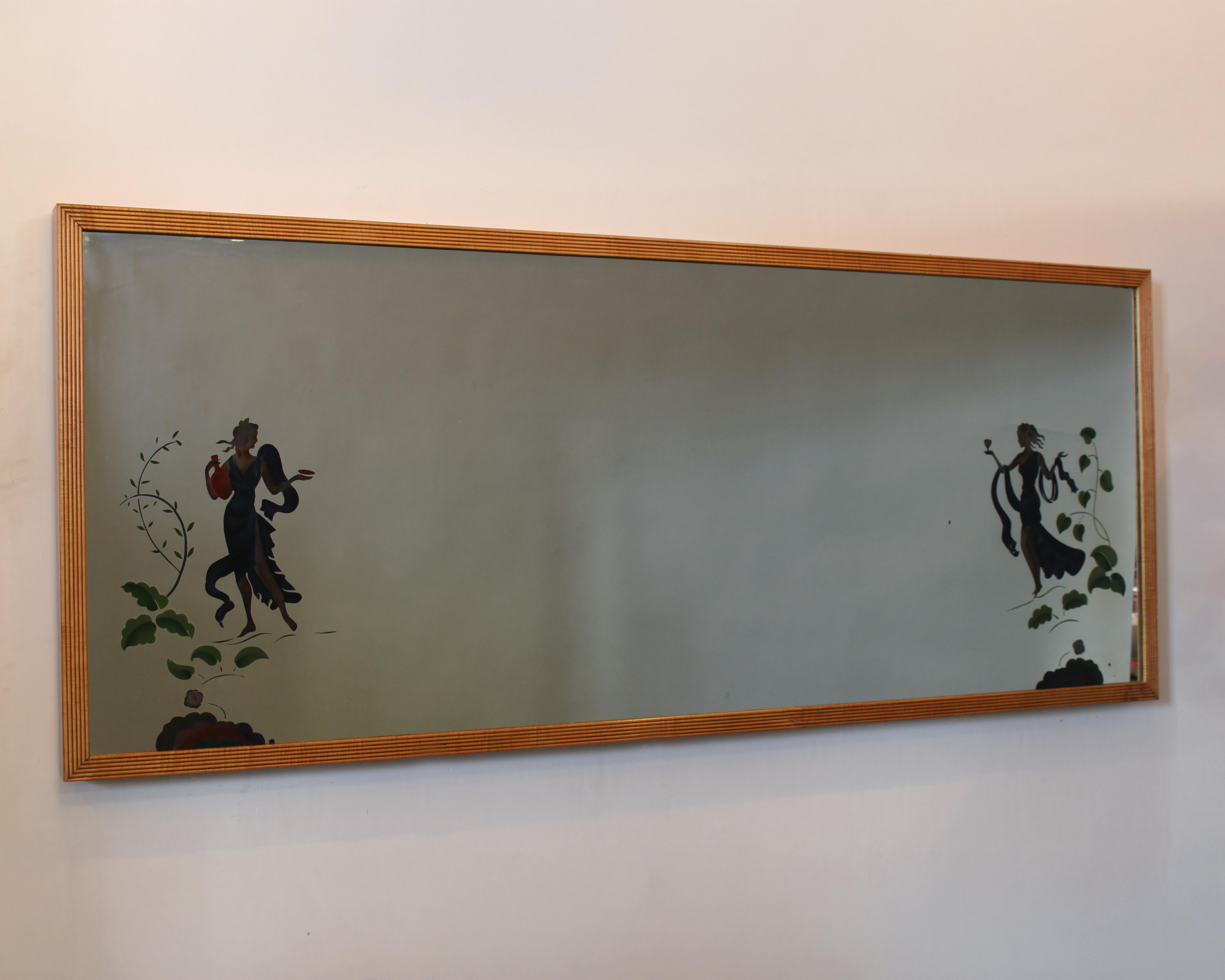 A fine Mid-Century Illuminated blond wood framed mirror.
