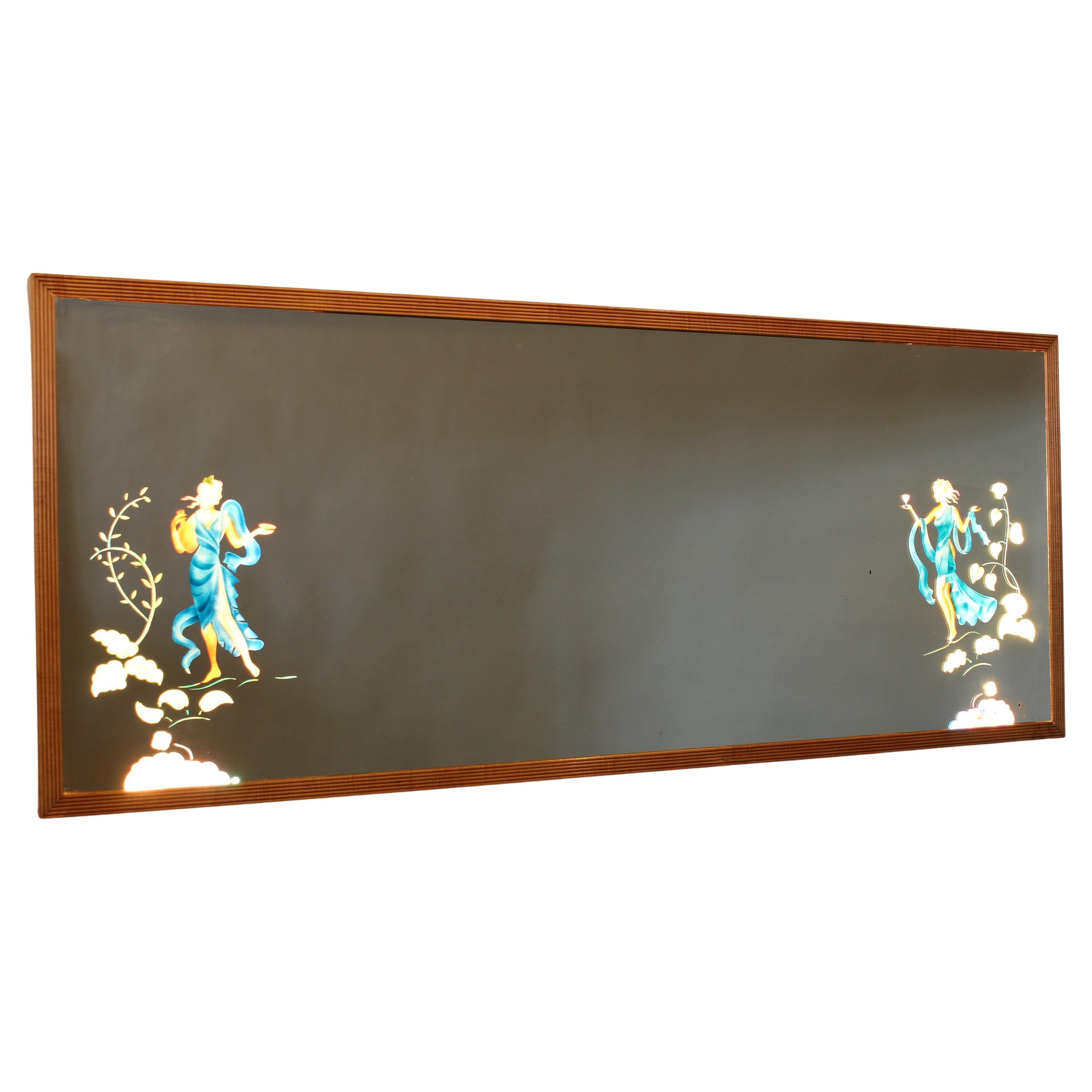 Large 1950th Illuminated Wood Framed Mirror For Sale