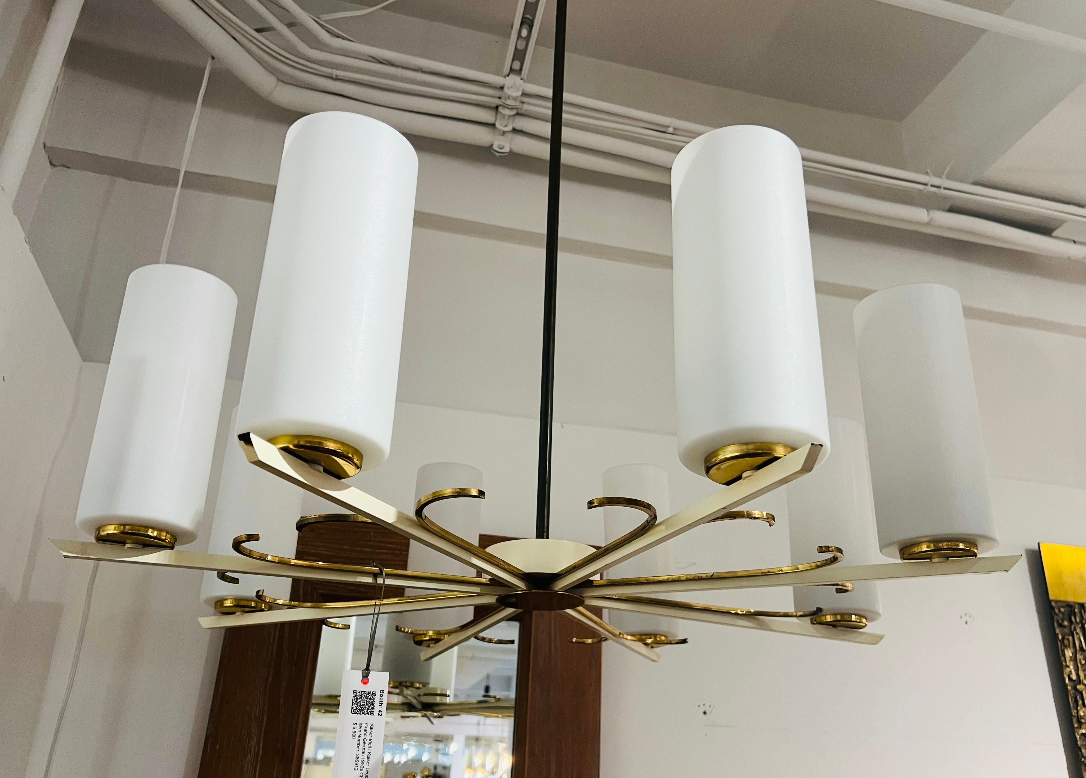 A wonderful original large 1950s grand golden brass and white enamel with white glass shades mid-century chandelier. Newly rewired.