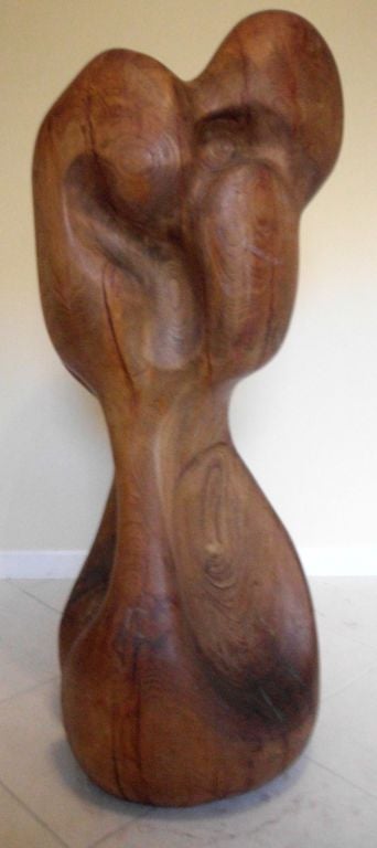 One of a kind modernist sculpture made of solid one piece of wood ,artistically carved ,flawless movements ,open to each person imagination. Unusual large size , great object of art for display in open spaces.
Could not find any signature.