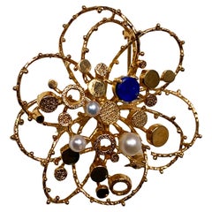 Large 1960s 18Karat Lapis and Pearl Brooch.