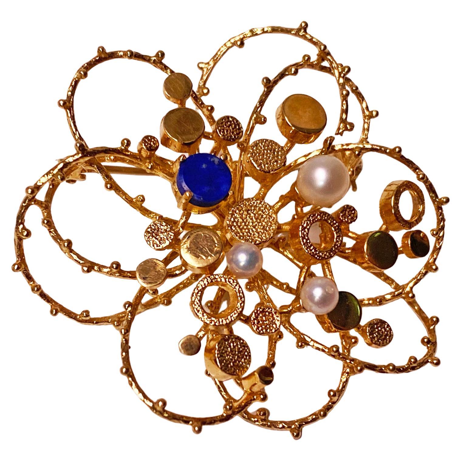Large 1960s 18Karat Lapis and Pearl Brooch. For Sale at 1stDibs