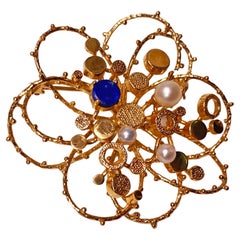 Large 1960s 18Karat Lapis and Pearl Brooch. 