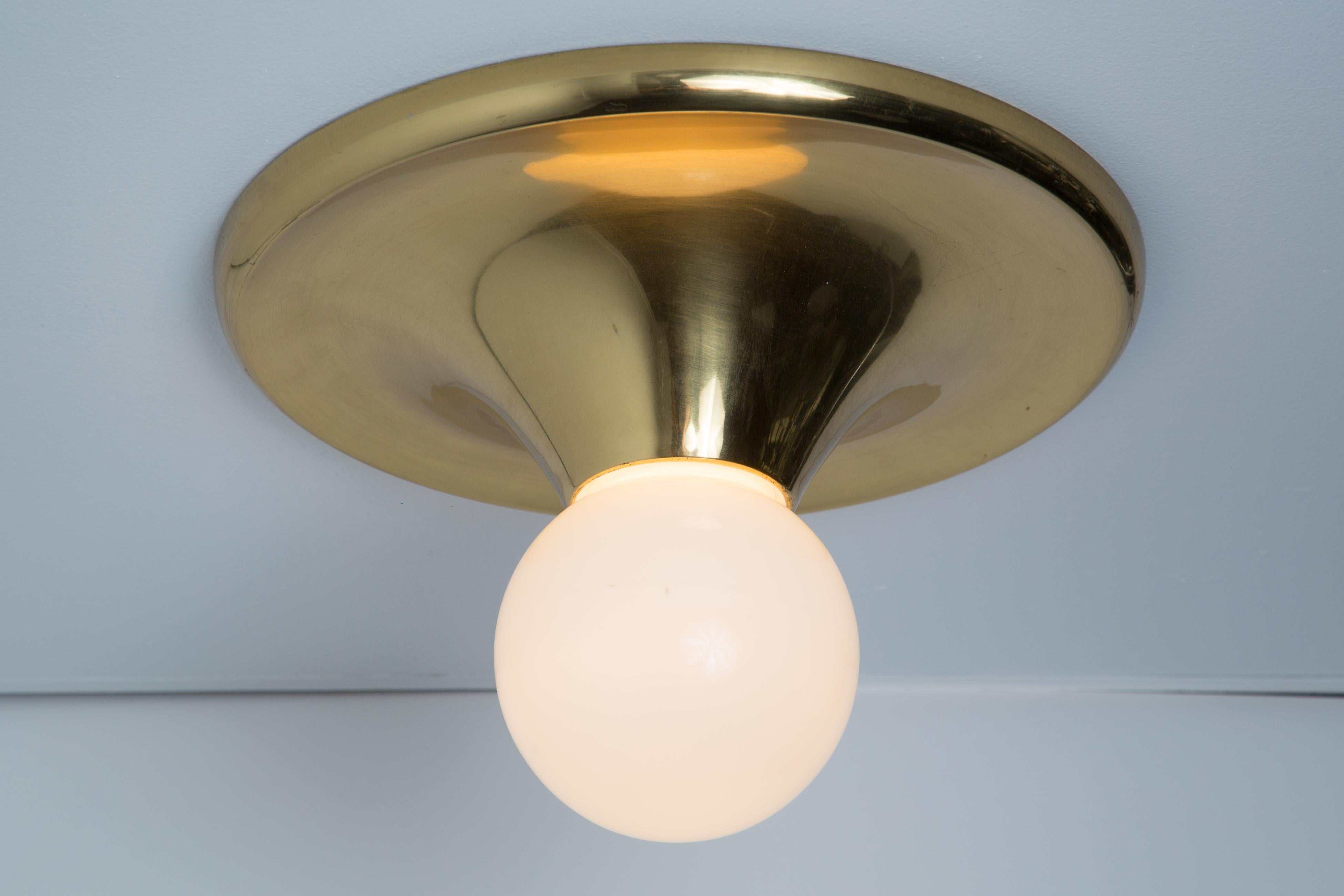 Large 1960s Achille Castiglioni & Pier Giacomo 'Light Ball' Wall or Ceiling Lamp for Flos. Designed in 1965, this rare and vintage brass variant comes with satin opaque glass. An incredibly refined and iconic midcentury design that is