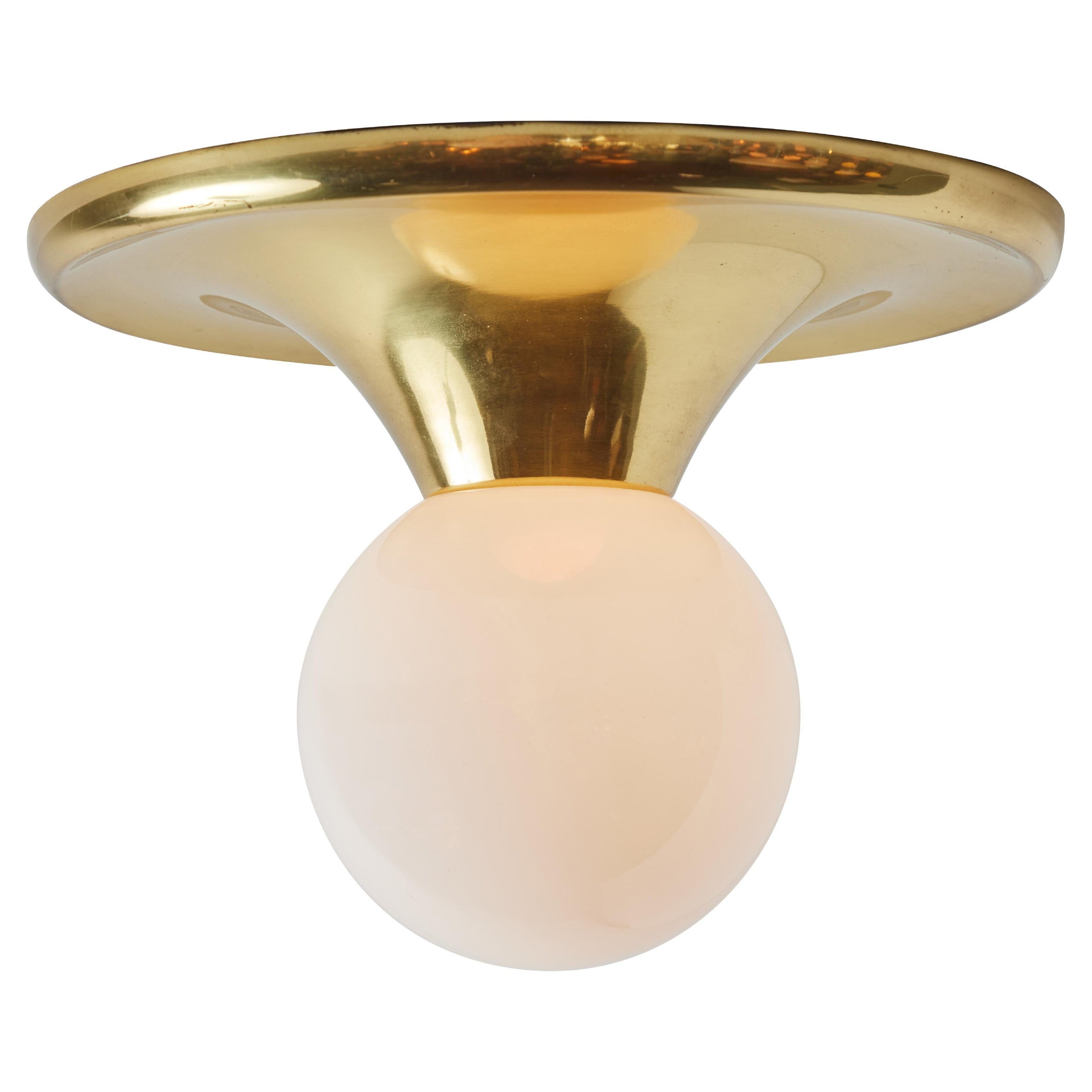 Large 1960s Achille Castiglioni & Pier Giacomo 'Light Ball' Wall or Ceiling Lamp for Flos. Designed in 1965, this rare and vintage brass variant comes with satin opaque glass. An incredibly refined and iconic midcentury design that is