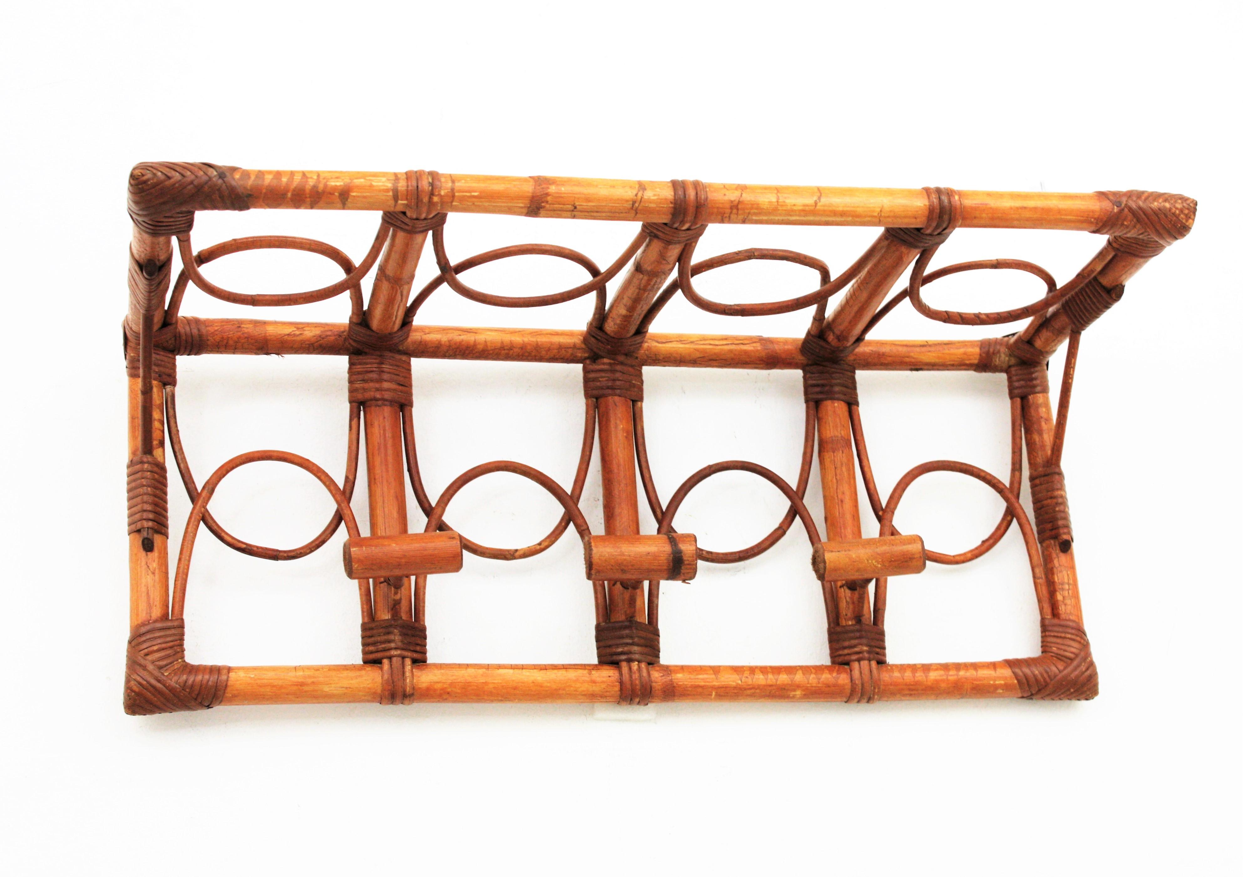 Mid-Century Modern Large 1960s Albini Style Bamboo and Rattan Wall-Mount Coat Hanger Hat Rack