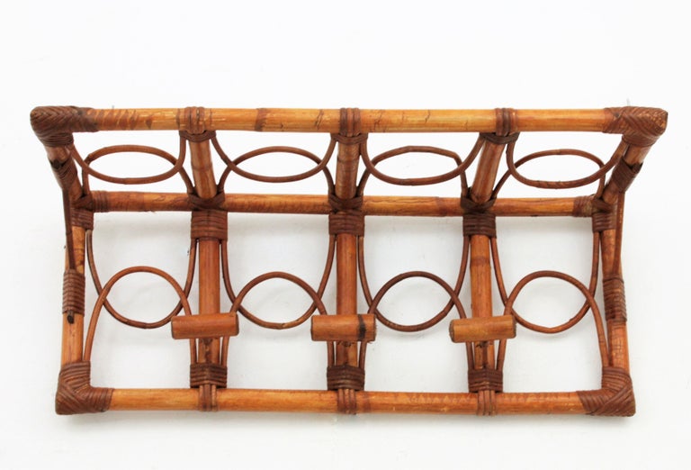 Large 1960s Albini Style Bamboo and Rattan WallMount Coat Hanger Hat