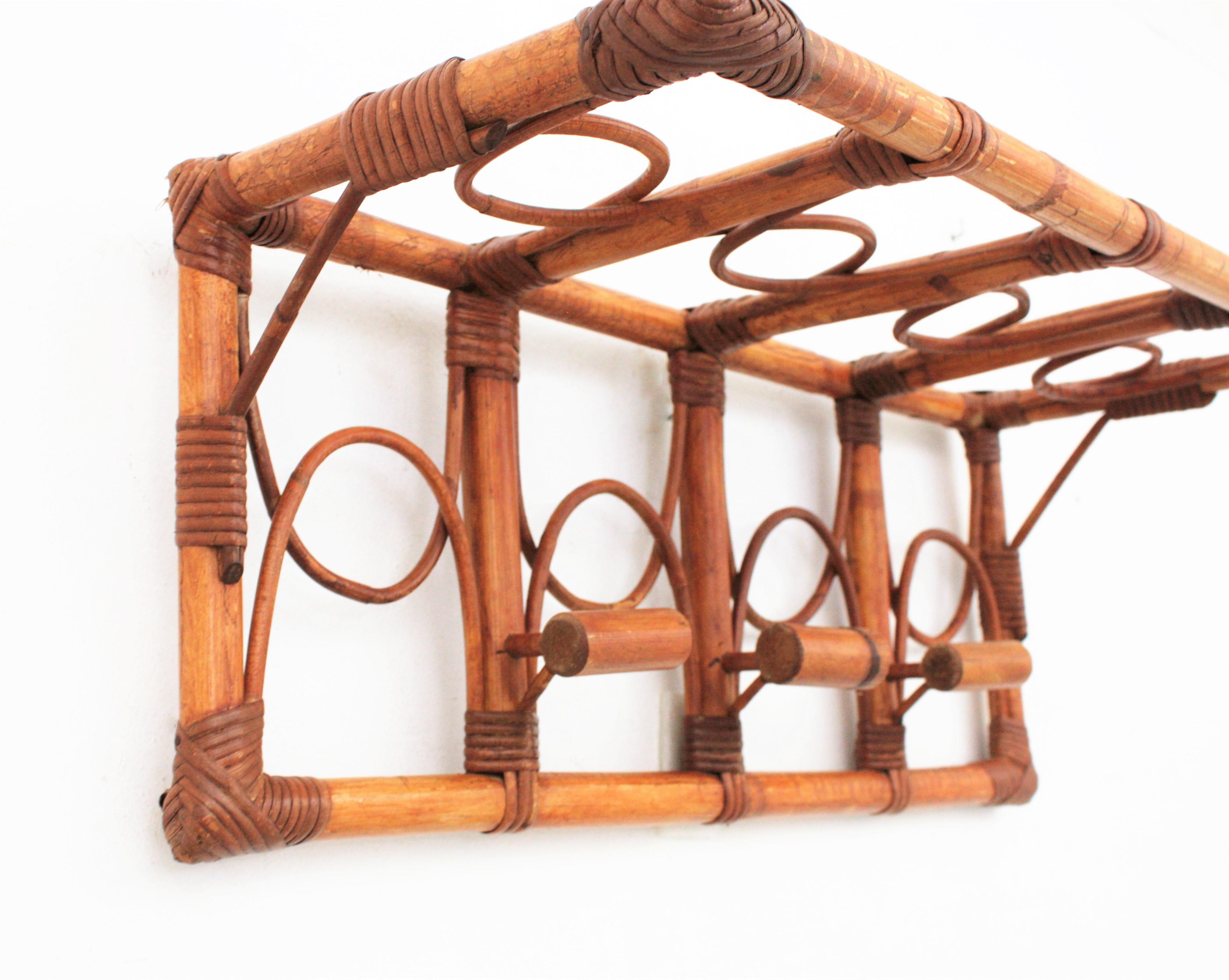 20th Century Large 1960s Albini Style Bamboo and Rattan Wall-Mount Coat Hanger Hat Rack