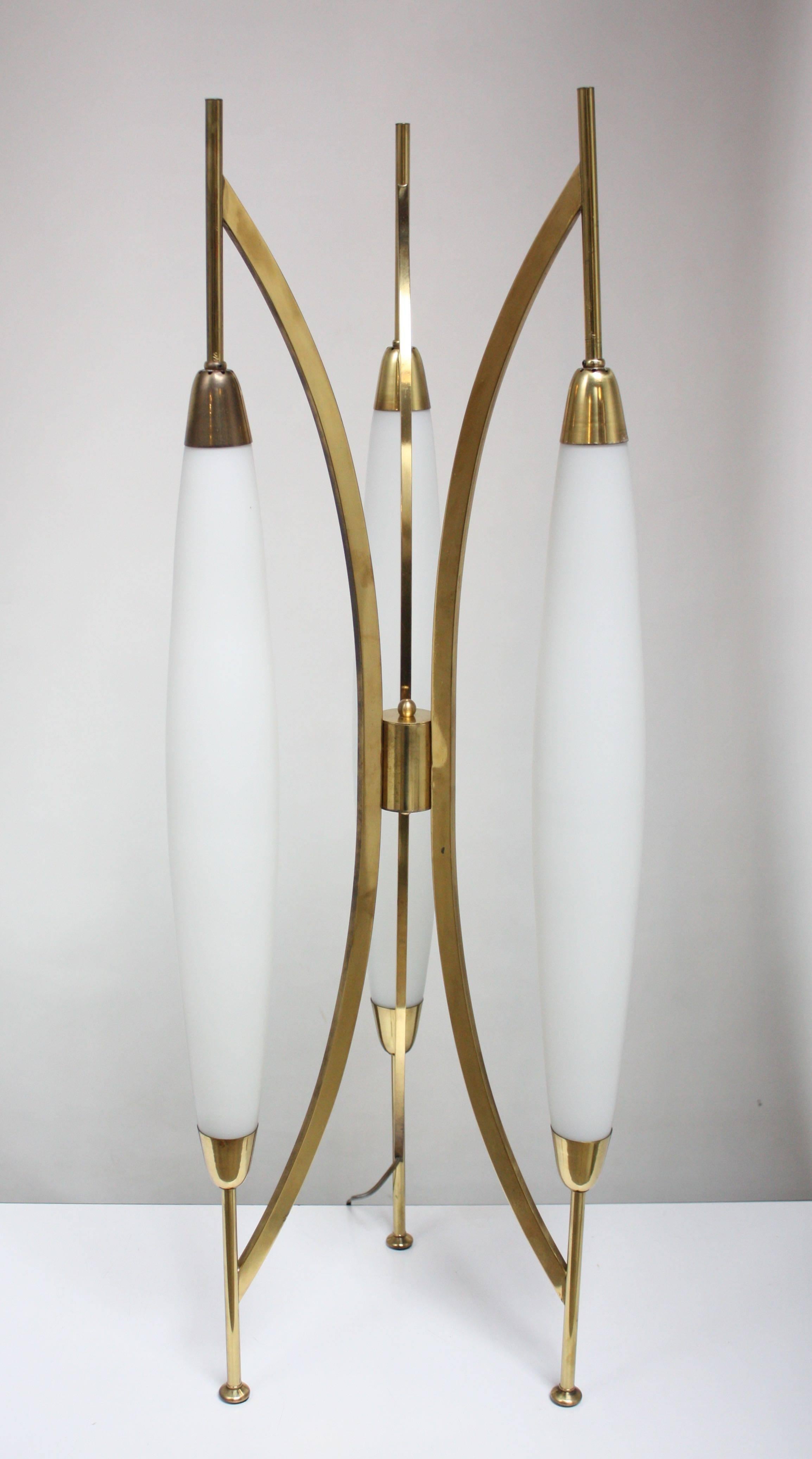Six-socket brass and frosted glass lamp with three-way illumination setting (ca. 1960s, USA). 
Felted feet suggest that the piece was designed as an oversized table lamp (works well on a credenza or larger surface), but also works well as a shorter