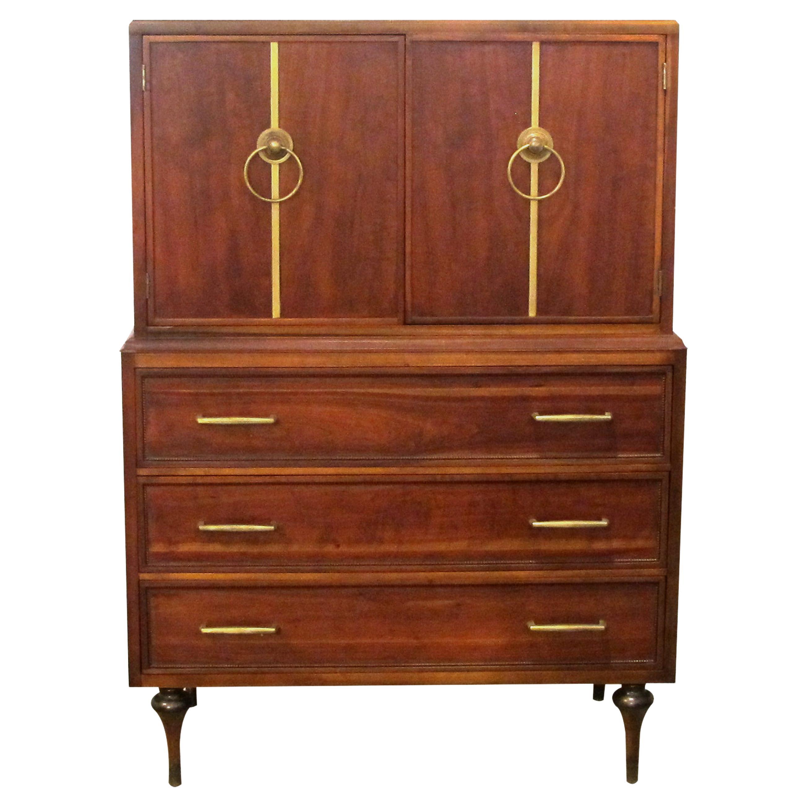 Large 1960s American Oak Tallboy with Brass Inlay by Vanleigh Furniture