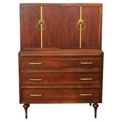 Large 1960s American Oak Tallboy with Brass Inlay by Vanleigh Furniture