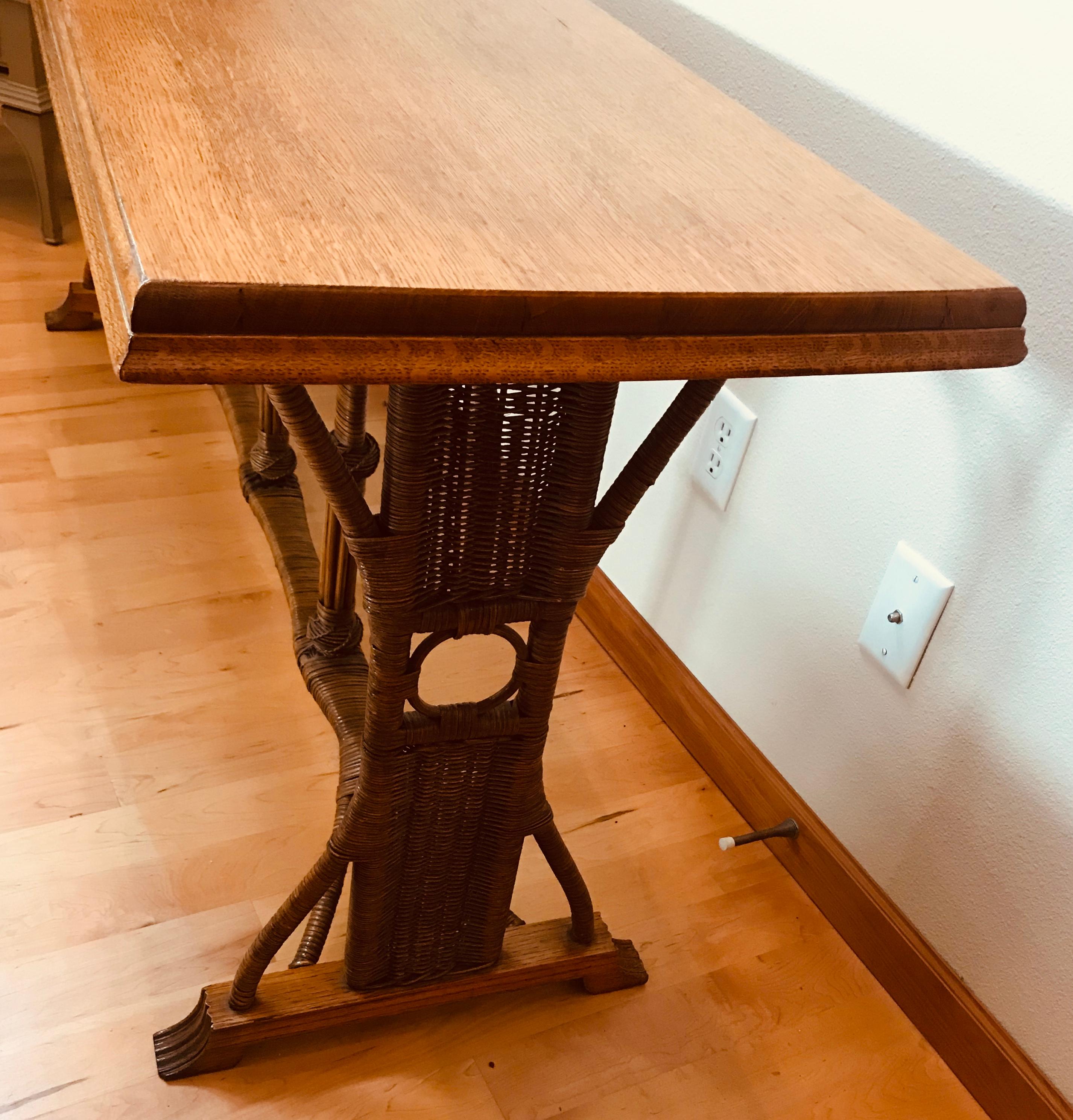 Large 1960s American Rattan Oak Console Table 9