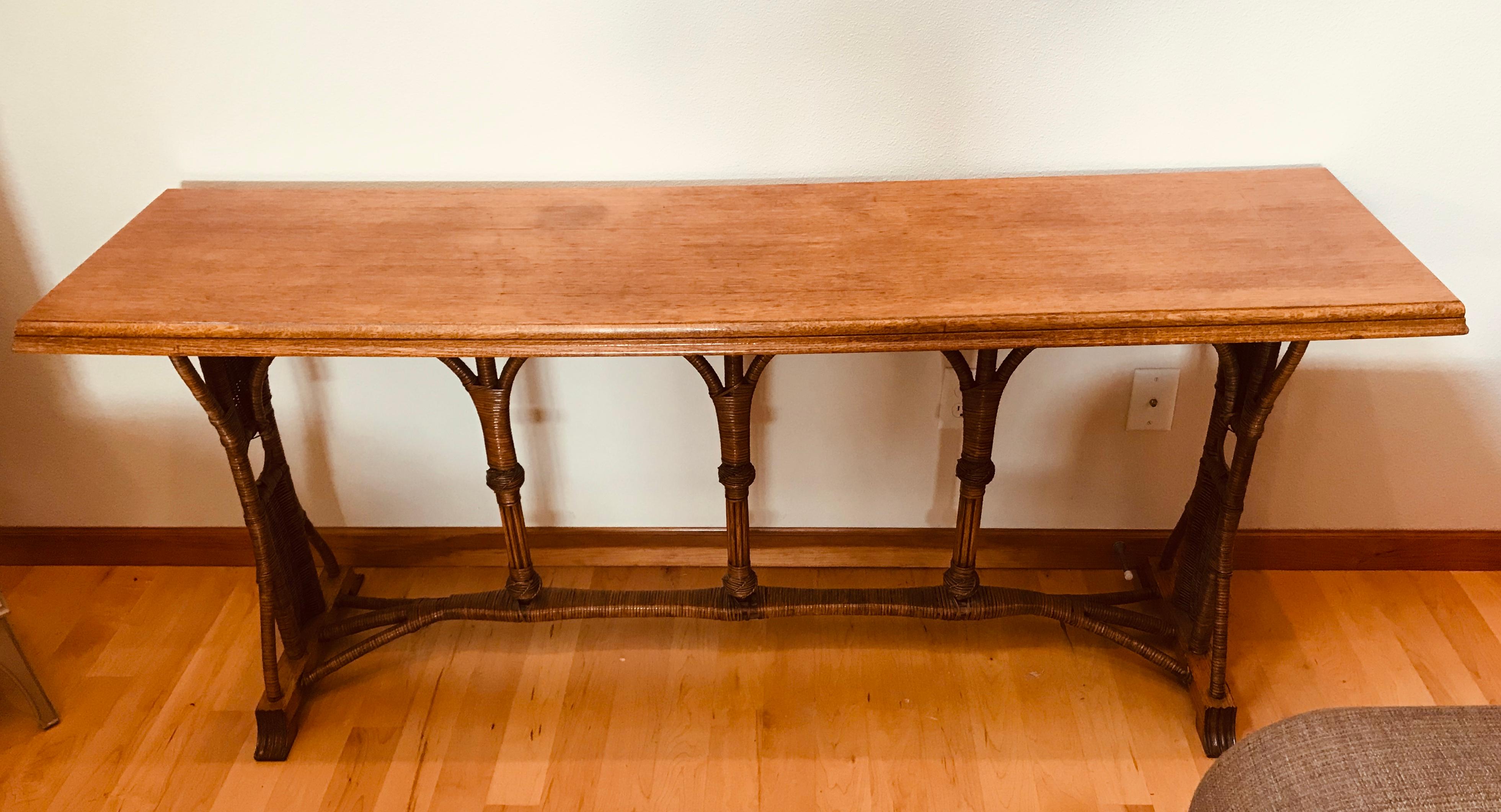 Regency Large 1960s American Rattan Oak Console Table