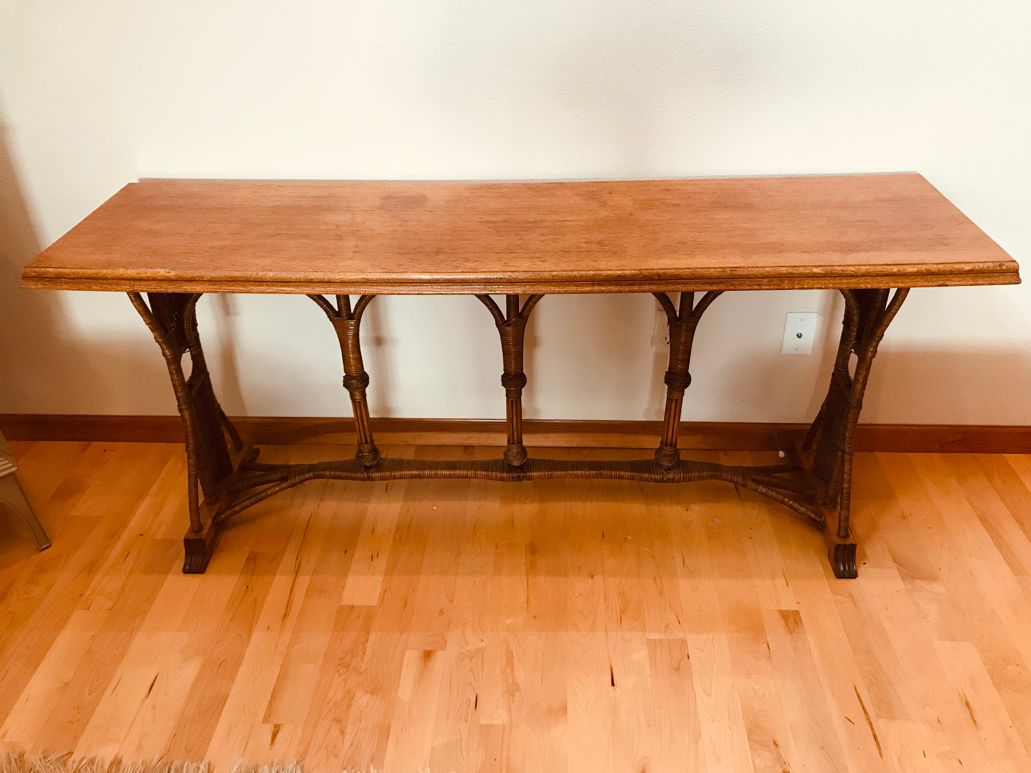 Large 1960s American Rattan Oak Console Table In Good Condition In New York, NY