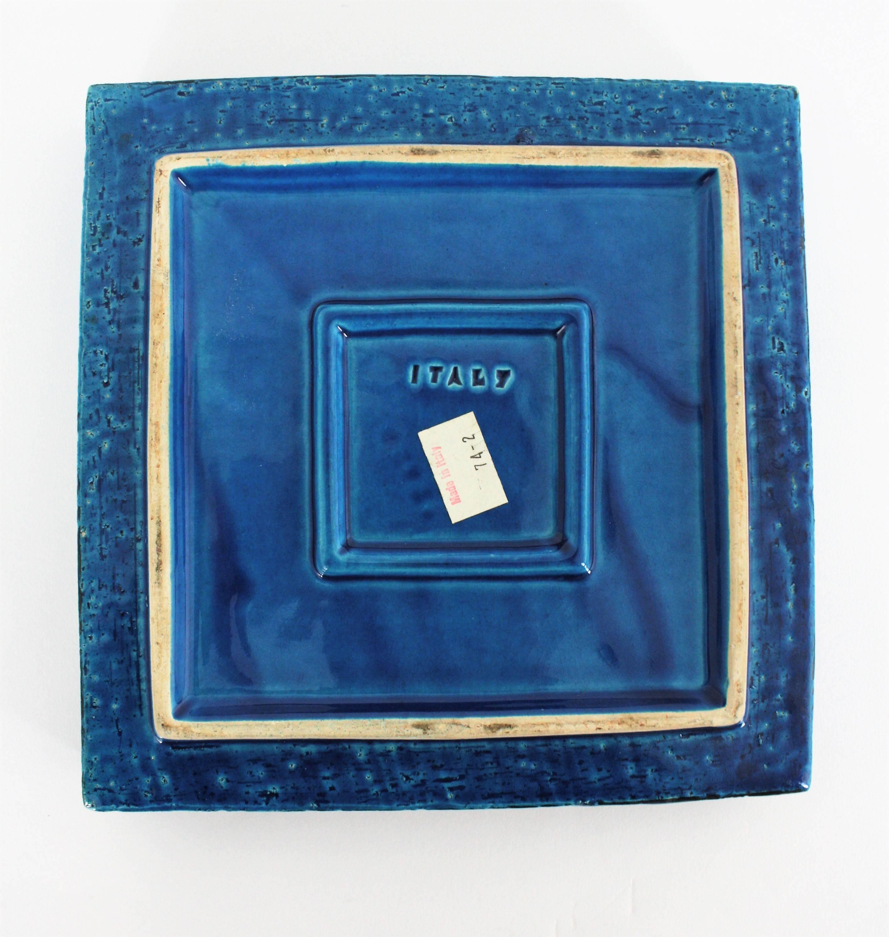 Large 1960s Bitossi by Aldo Londi Rimini Blue Glazed Ceramic Square Ashtray 4