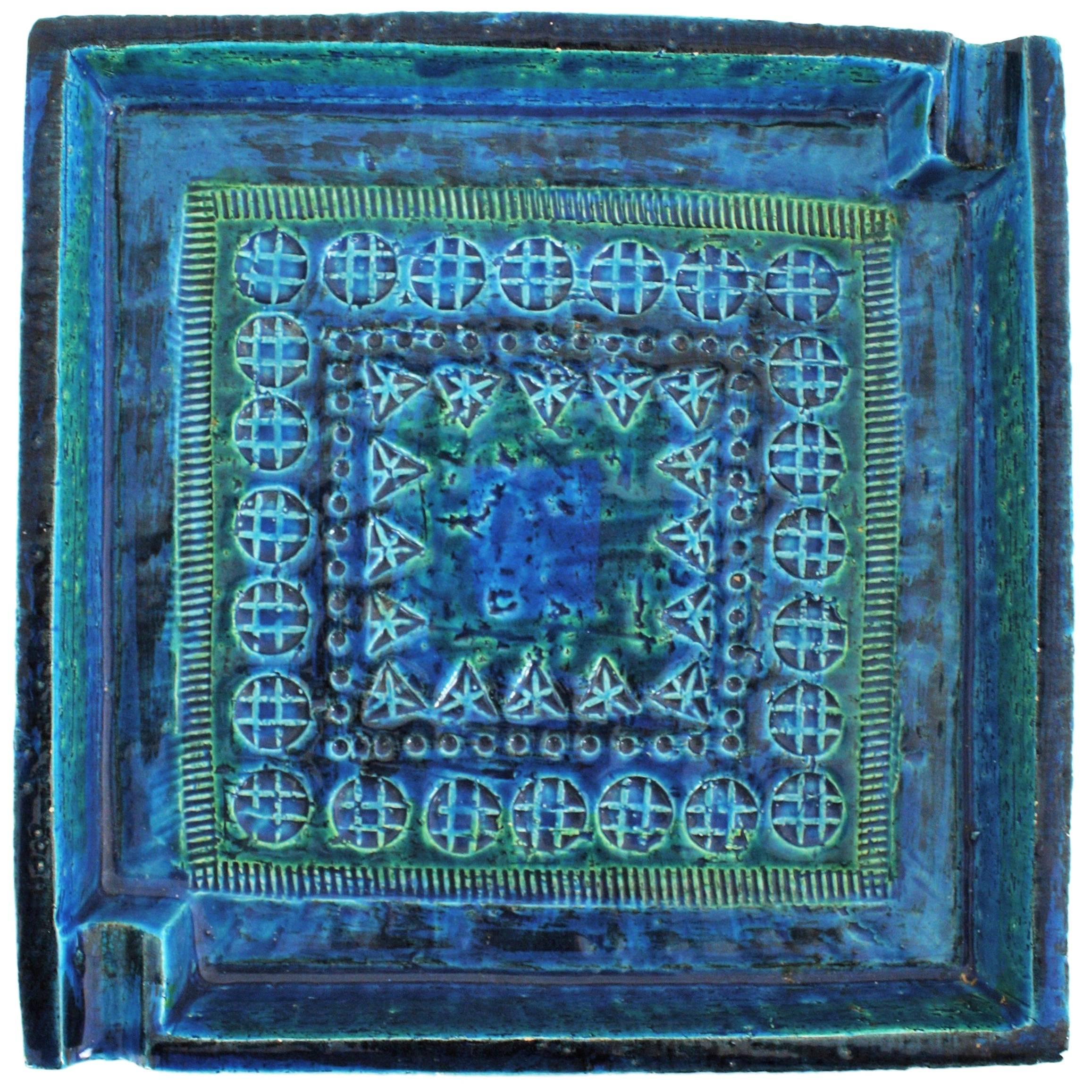 Large 1960s Bitossi by Aldo Londi Rimini Blue Glazed Ceramic Square Ashtray