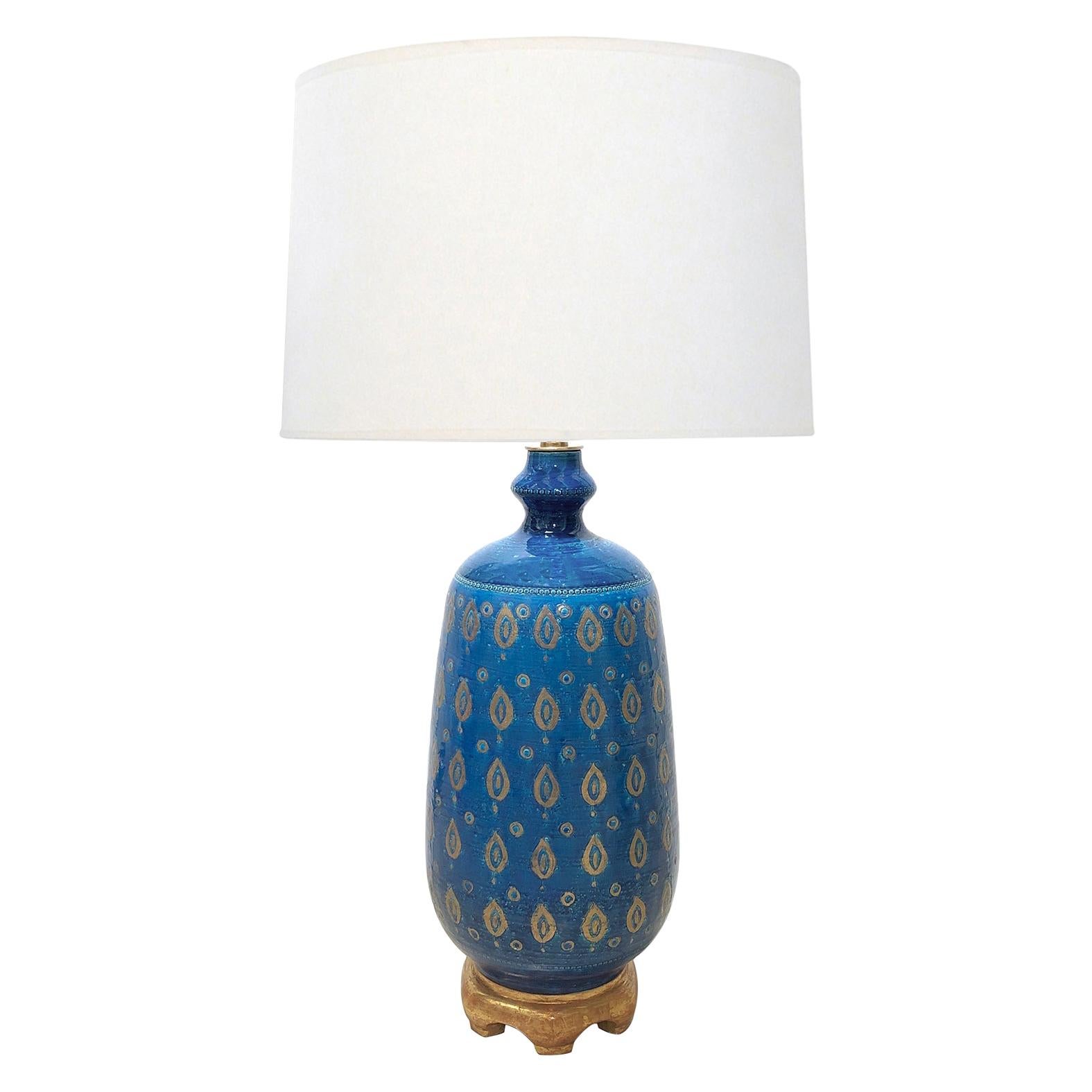 Large 1960's Bitossi Pottery Cerulean-Glazed Lamp with Gilt Decoration For Sale
