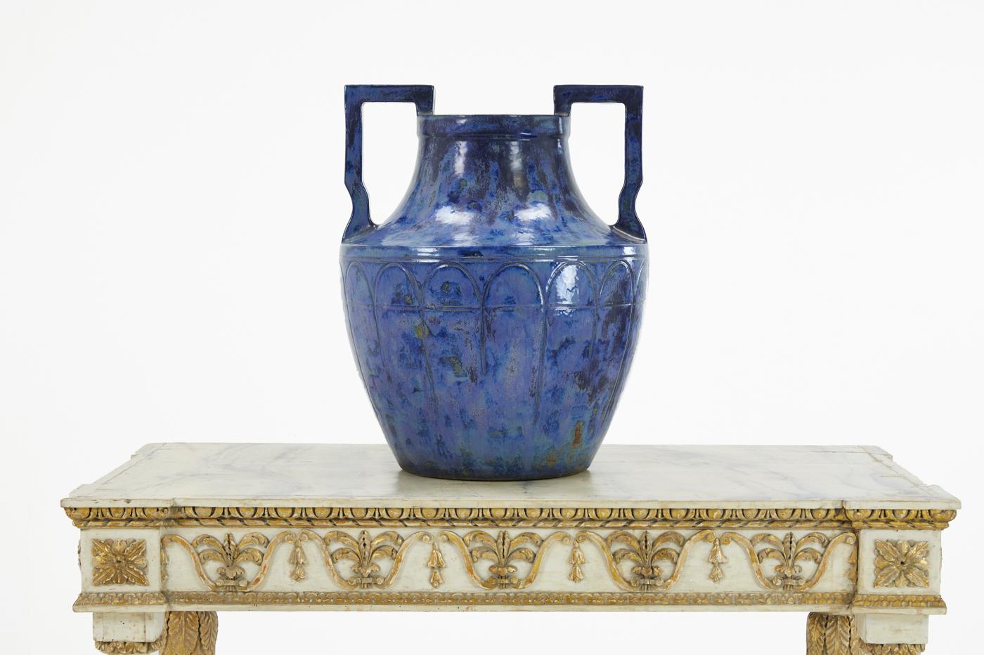 Large 1960s French blue glazed two handled urn.
 