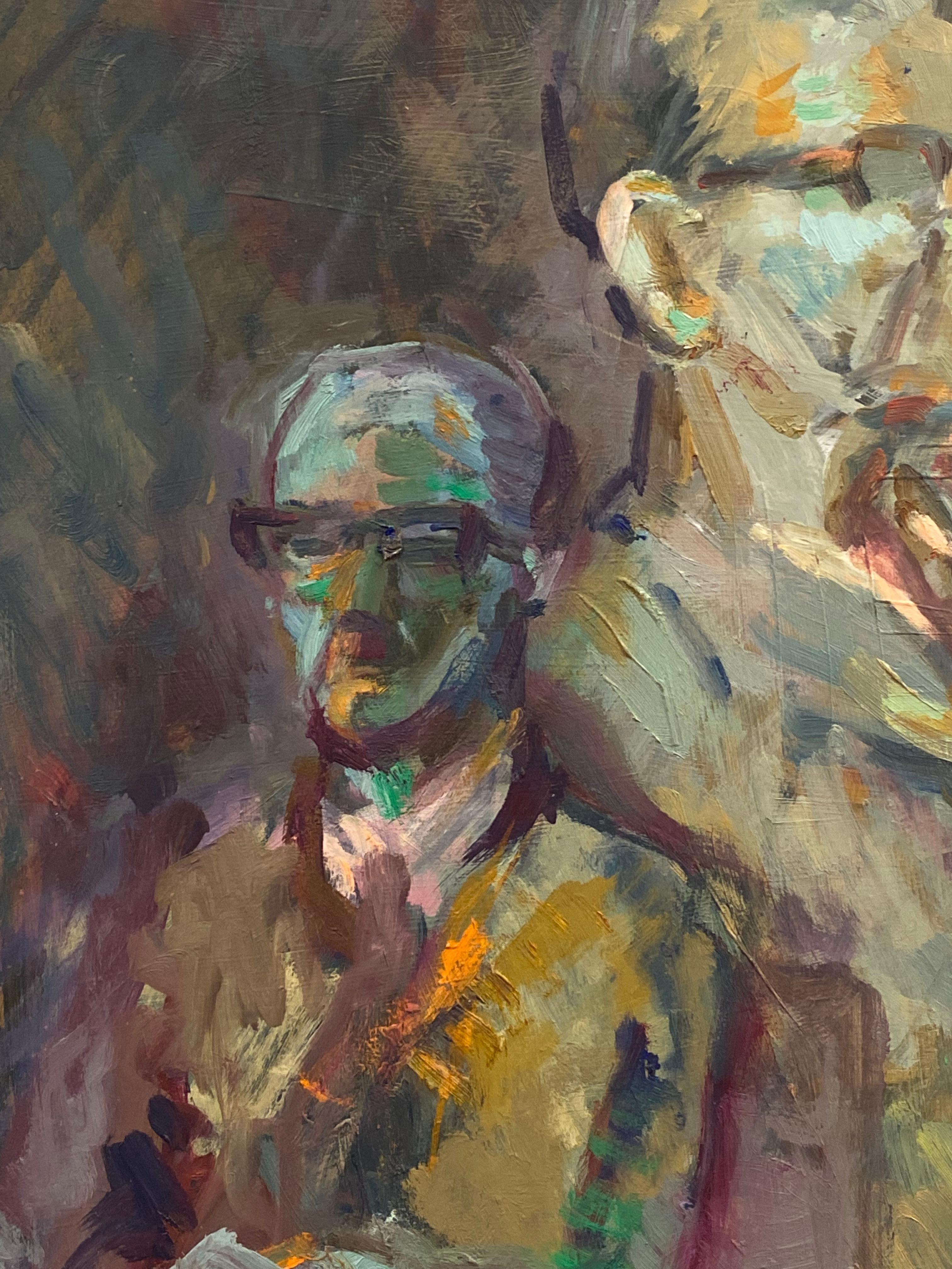20th Century Large 1960's British Original Oil Painting, Three Figures with Glasses For Sale