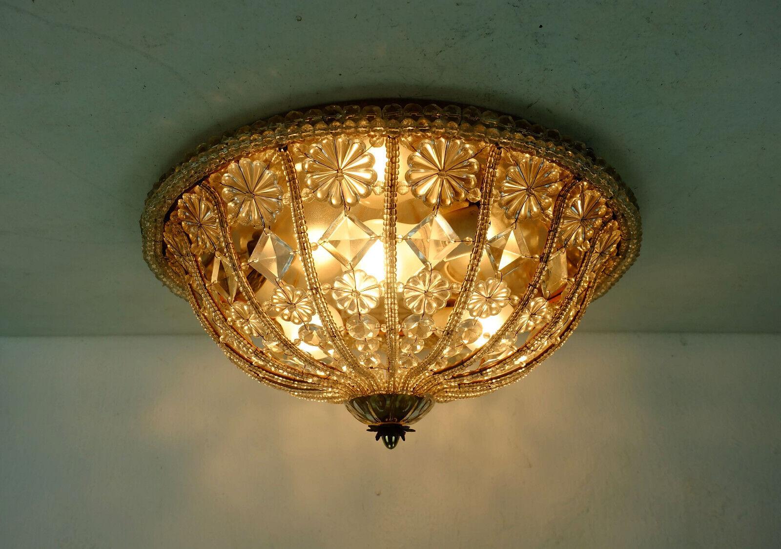 European Large 1960s Ceiling Lamp Glass Crystals and Blossoms Hollywood Regency Stile For Sale