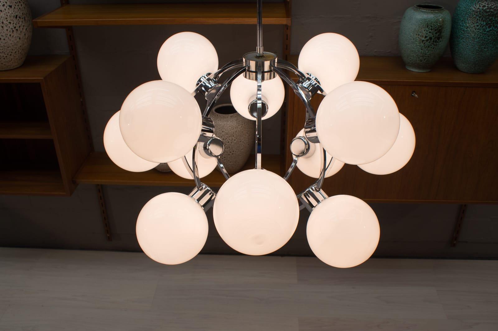 Mid-20th Century Large 1960s Chrome Ceiling Lamp with 12 Opaline Glass Globes, Germany