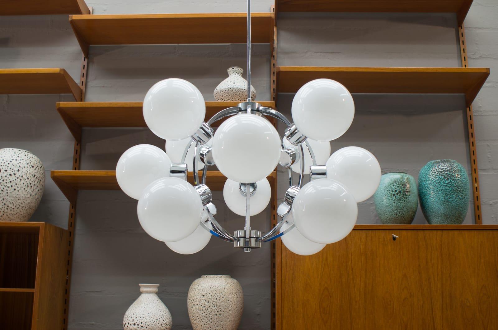 Large 1960s Chrome Ceiling Lamp with 12 Opaline Glass Globes, Germany 1