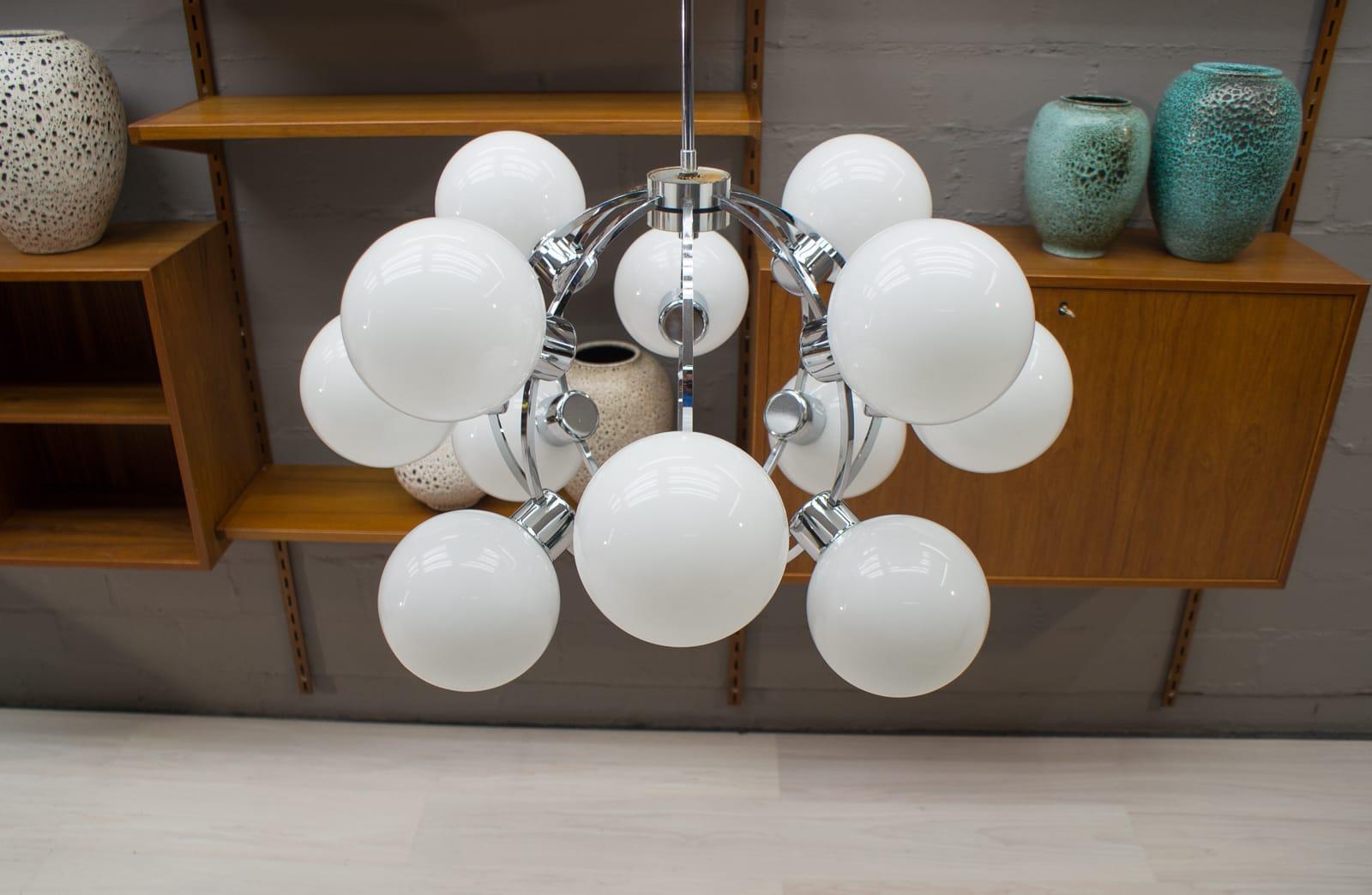 Large 1960s Chrome Ceiling Lamp with 12 Opaline Glass Globes, Germany 3