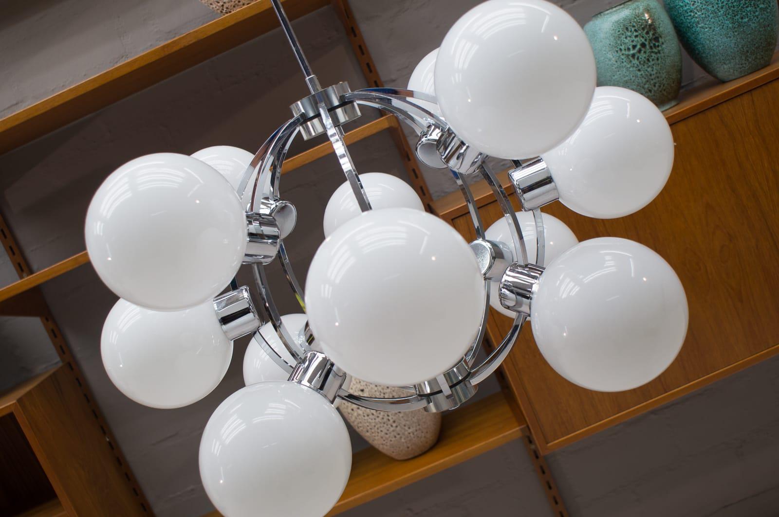 Large 1960s Chrome Ceiling Lamp with 12 Opaline Glass Globes, Germany 4